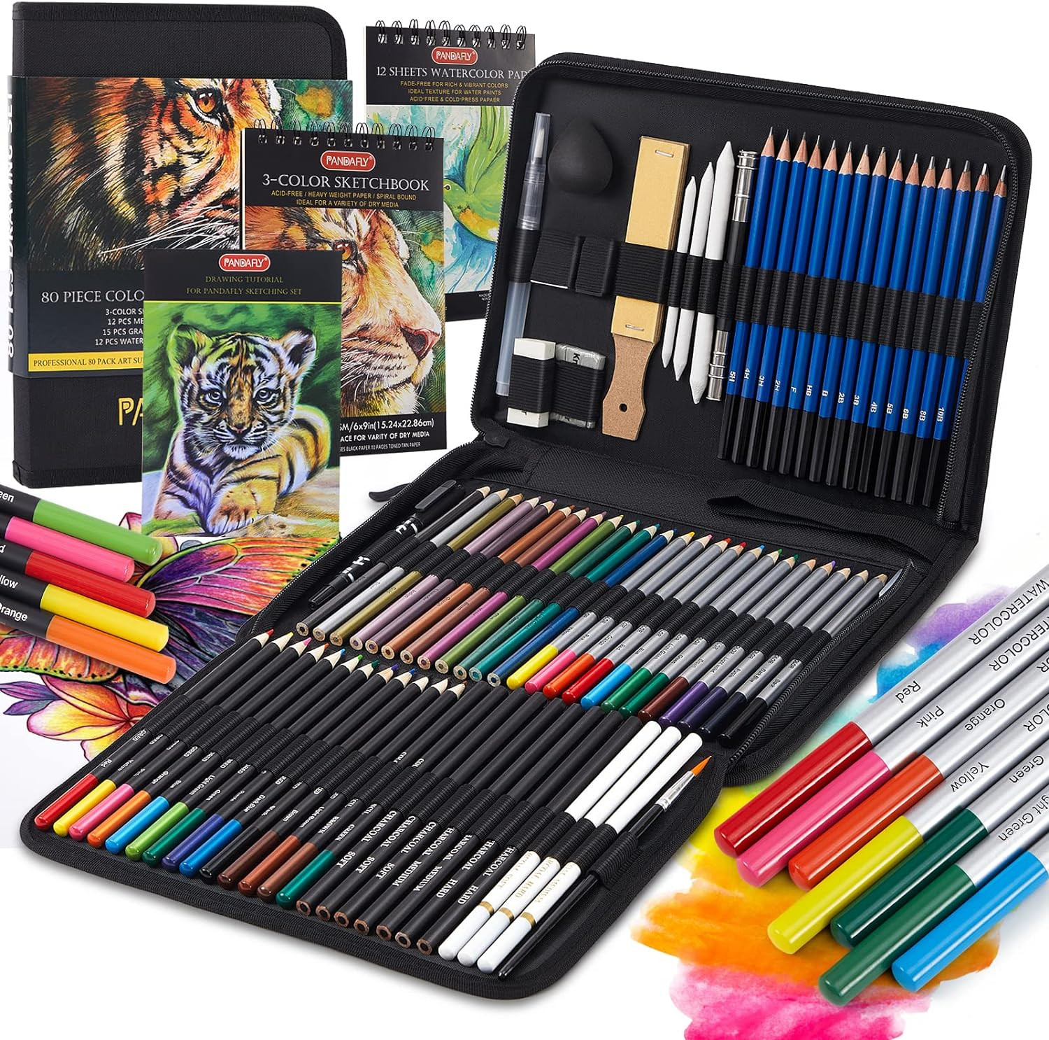 PANDAFLY 80 Drawing Set Sketching Kit, Art Supplies with 3-Color Sketchbook | Wa