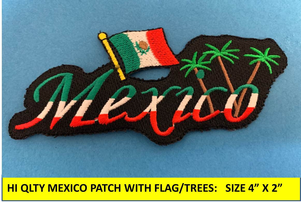 MEXICO FLAG PATCH w/ TREES IRON-ON SEW-ON EMBROIDERED MEXICAN EMBLEM (4″x2”)
