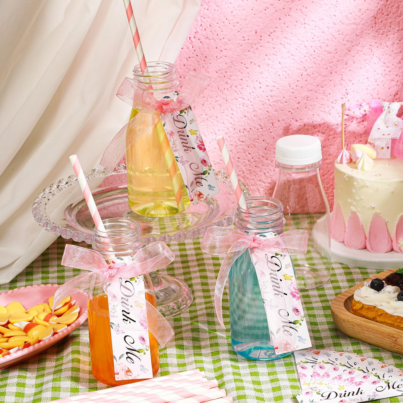 25 Set 8 oz Plastic Milk Bottles with Straws and Lids with Drink Me Tags and …