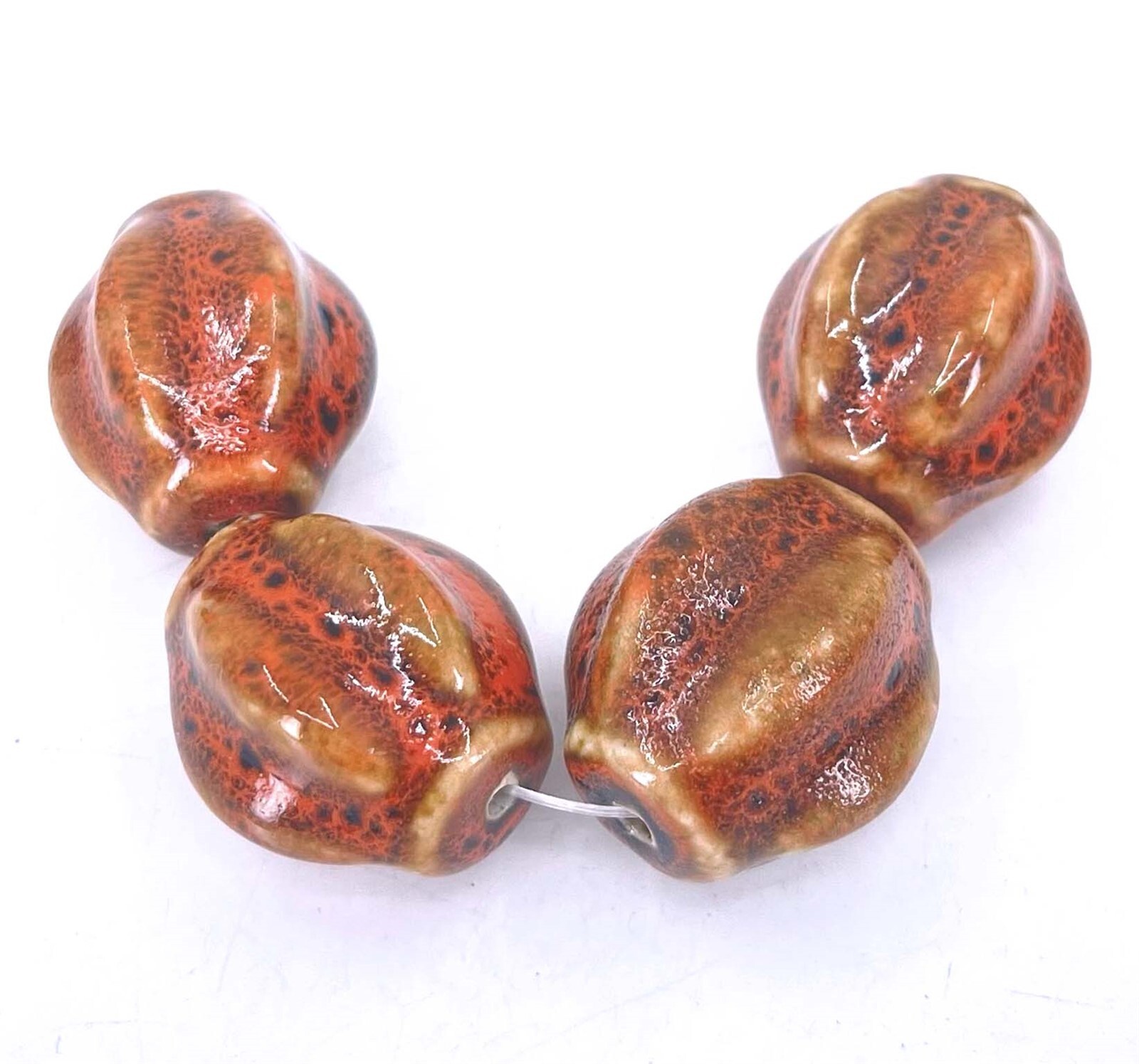 4 large Fancy Antique Glazed Clay Porcelain Ceramic Orange Pumpkin Melon Beads