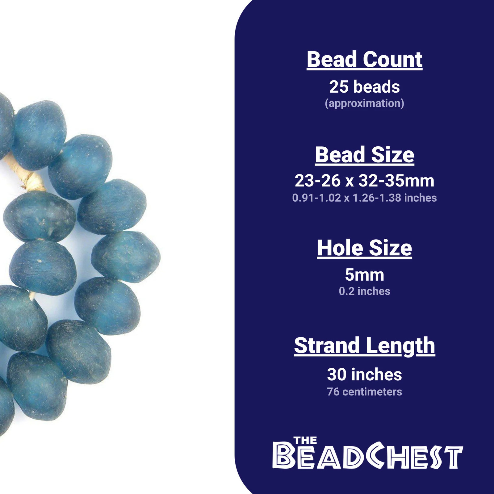Super Jumbo Light Blue Recycled Glass Beads 33mm Ghana African Sea Glass Round
