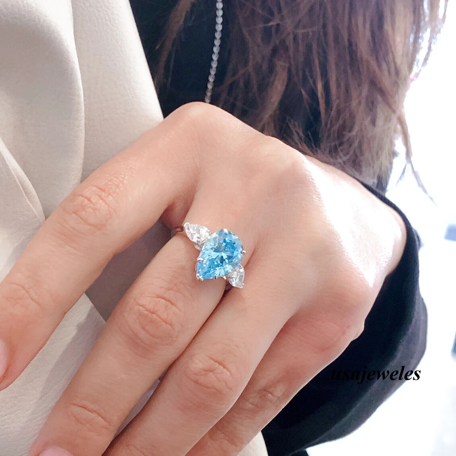 4CT Pear Shape Real Aquamarine 14K White Gold Over Wedding 3-Stone Jewelry Ring