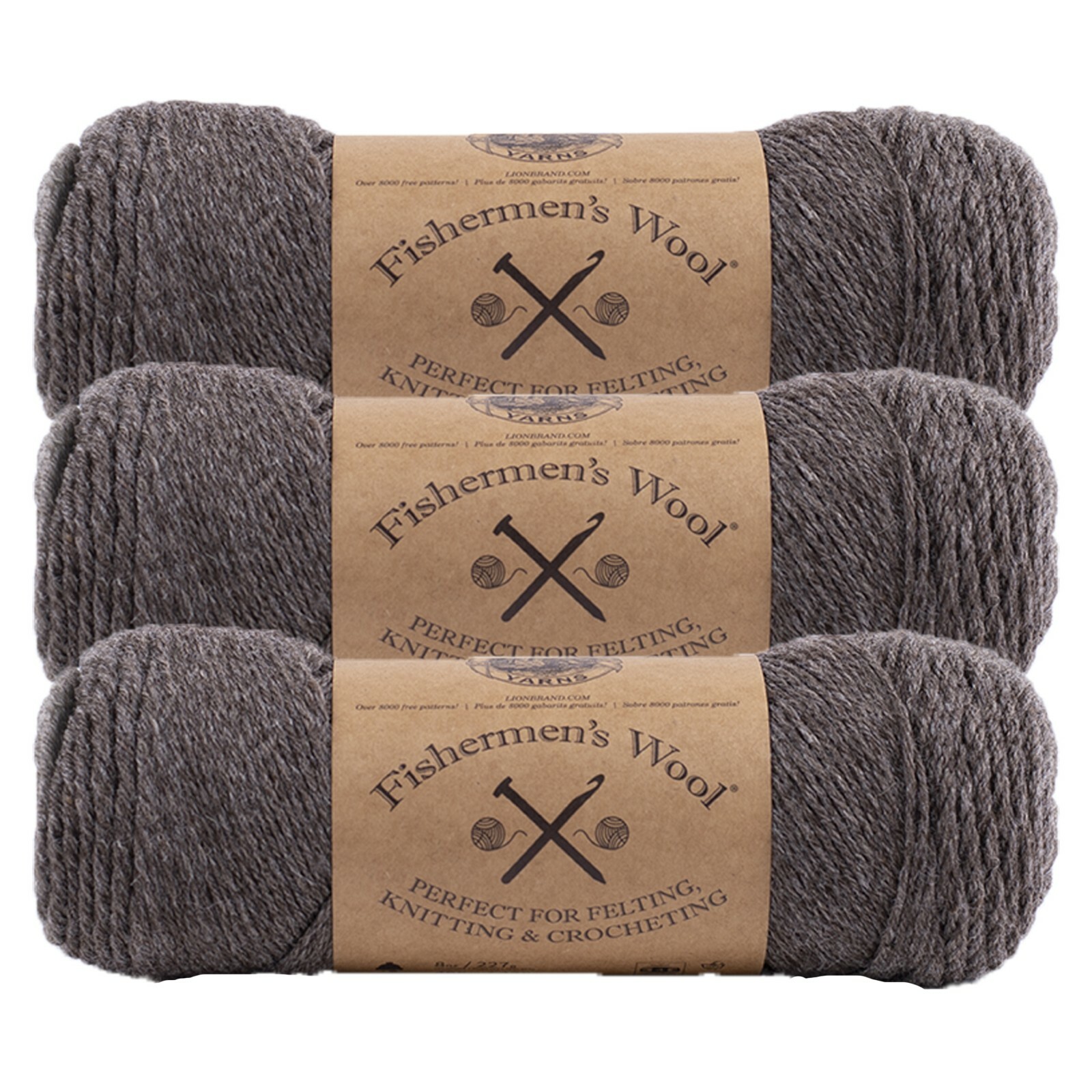 (3 Pack) Lion Brand Yarn 150-125N Fishermen’s Wool Yarn, Brown Heather