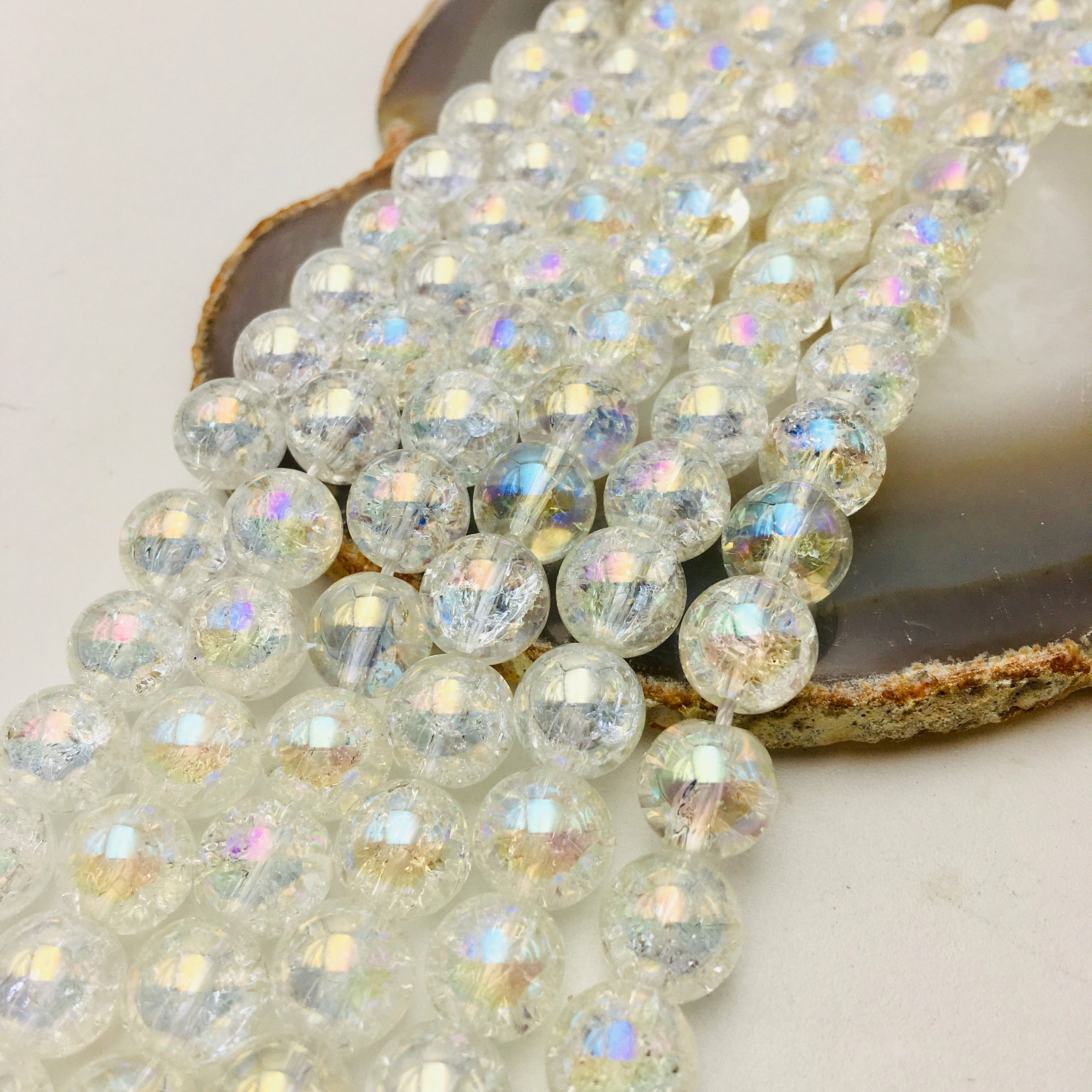 AB Coated Crackle Quartz Crystal Smooth Round Beads 6mm 8mm 10mm 15.5″ Strand