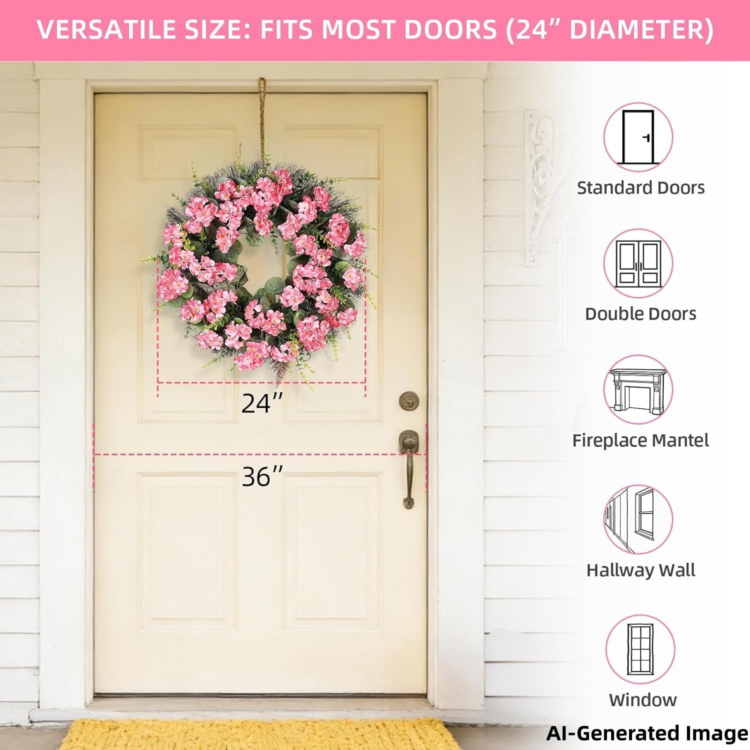 Kuimen Pink Artificial Geranium Wreath 22 Inch Spring Summer Wreaths For Front