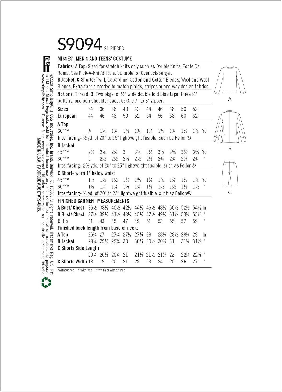 Simplicity Sewing Pattern 9094 Unisex Adult School Uniform Cosplay Costume 44-52