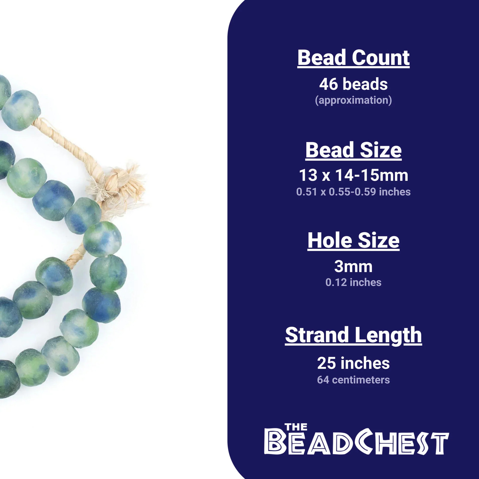 Blue, Green, White Recycled Glass Beads 14mm Ghana African Sea Glass Multicolor