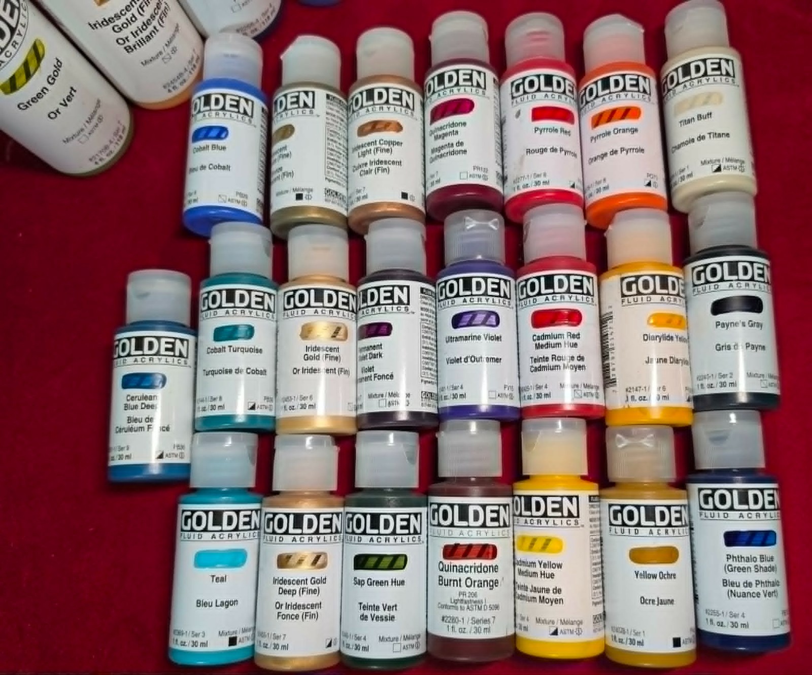 Golden Fluid Acrylics 1 fl. oz/30 ml Lot Of 22 Sealed & 8 4oz No Dupl Free Shi