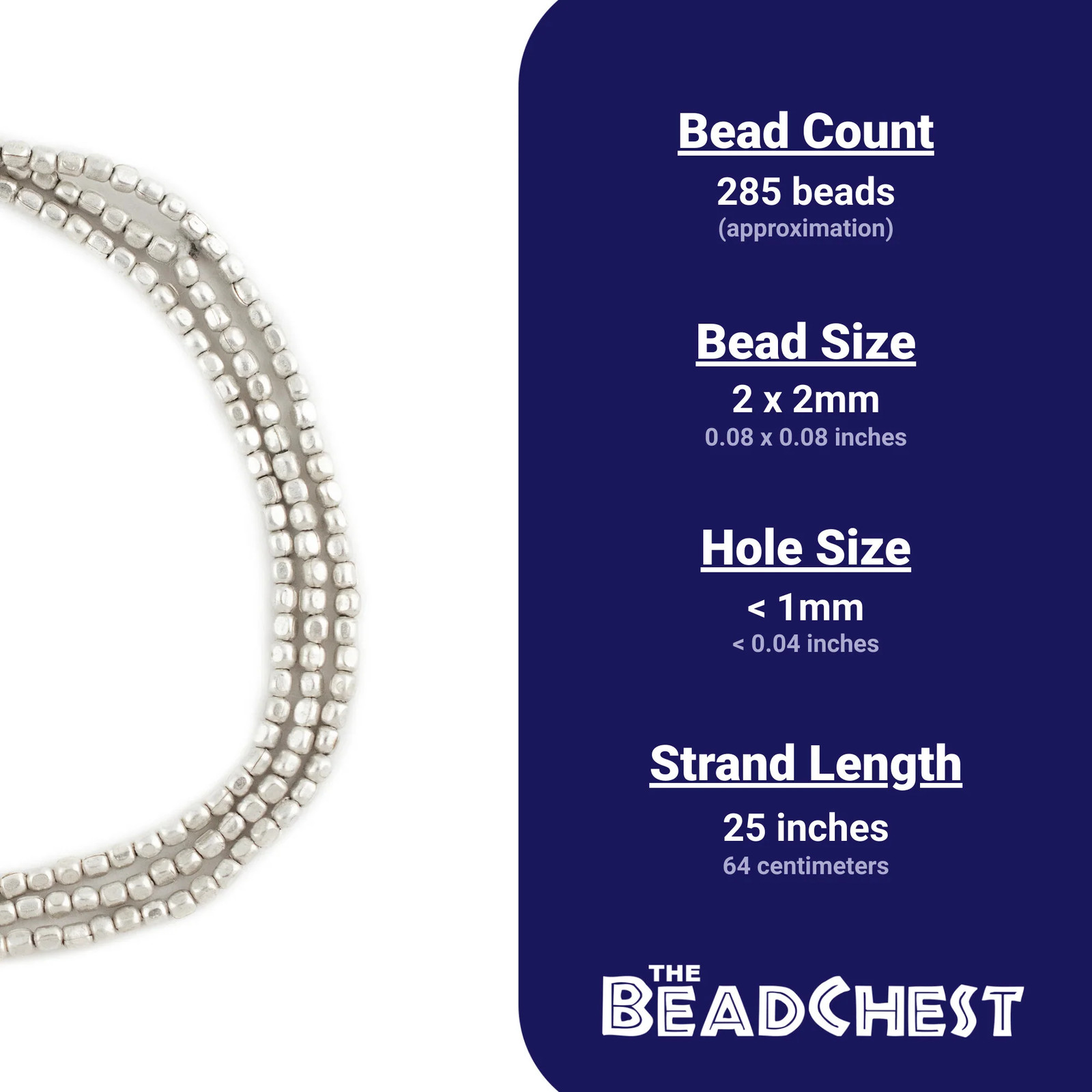 Tiny Silver Rounded Rectangle Beads 2mm Cube White Metal 25 Inch Strand