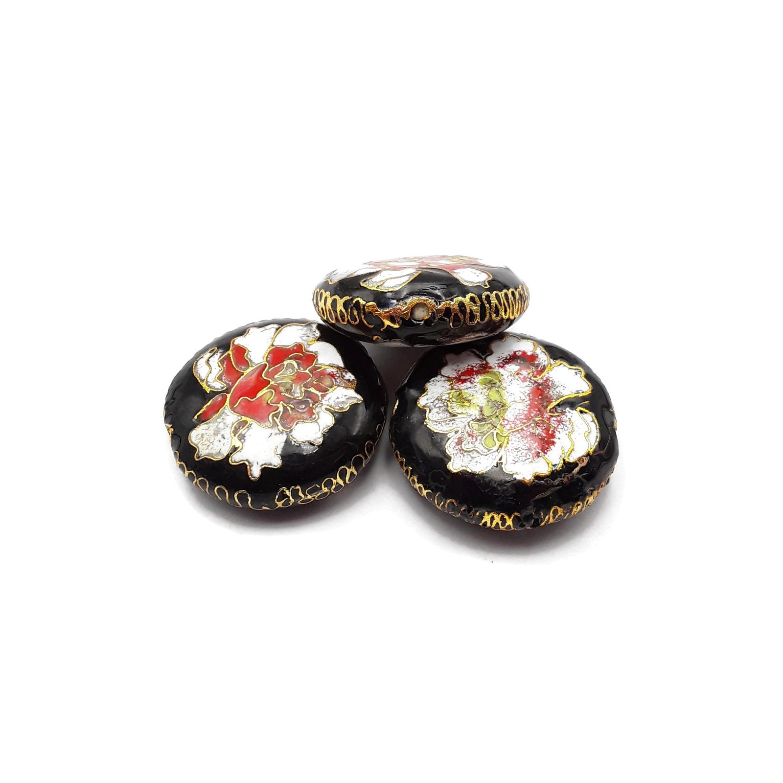 Vintage Cloisonne Black White Flower Handmade Flat Round Single Bead 28mm
