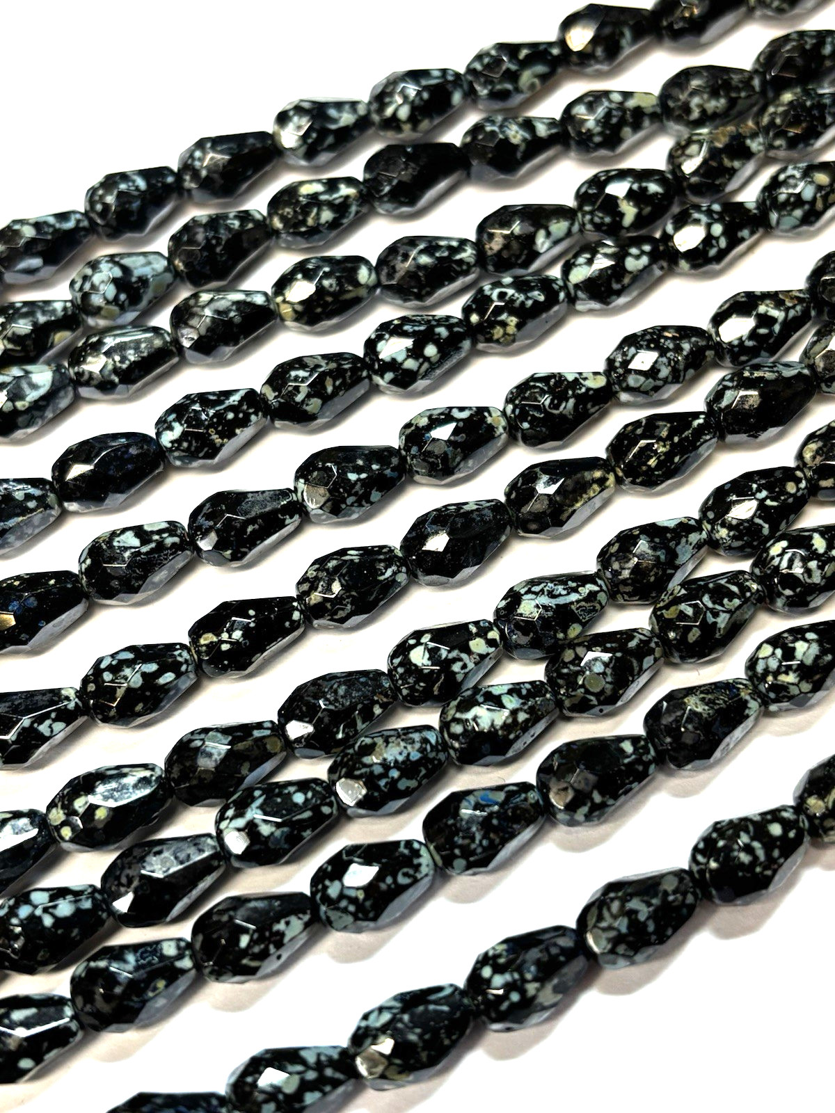 21 Czech Glass Black Travertine Faceted Teardrop Beads 10x7mm