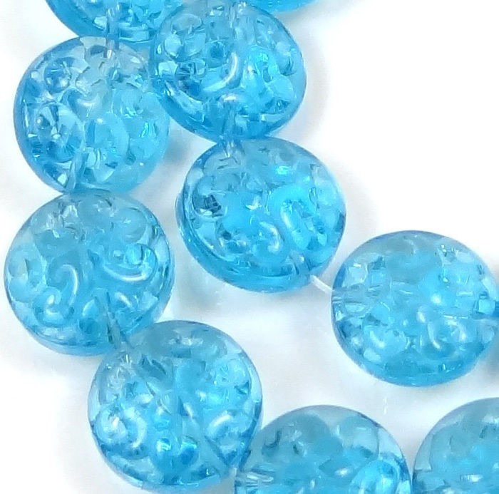 Czech Pressed Glass Carved pattern Disc Beads – Aqua Blue (13)