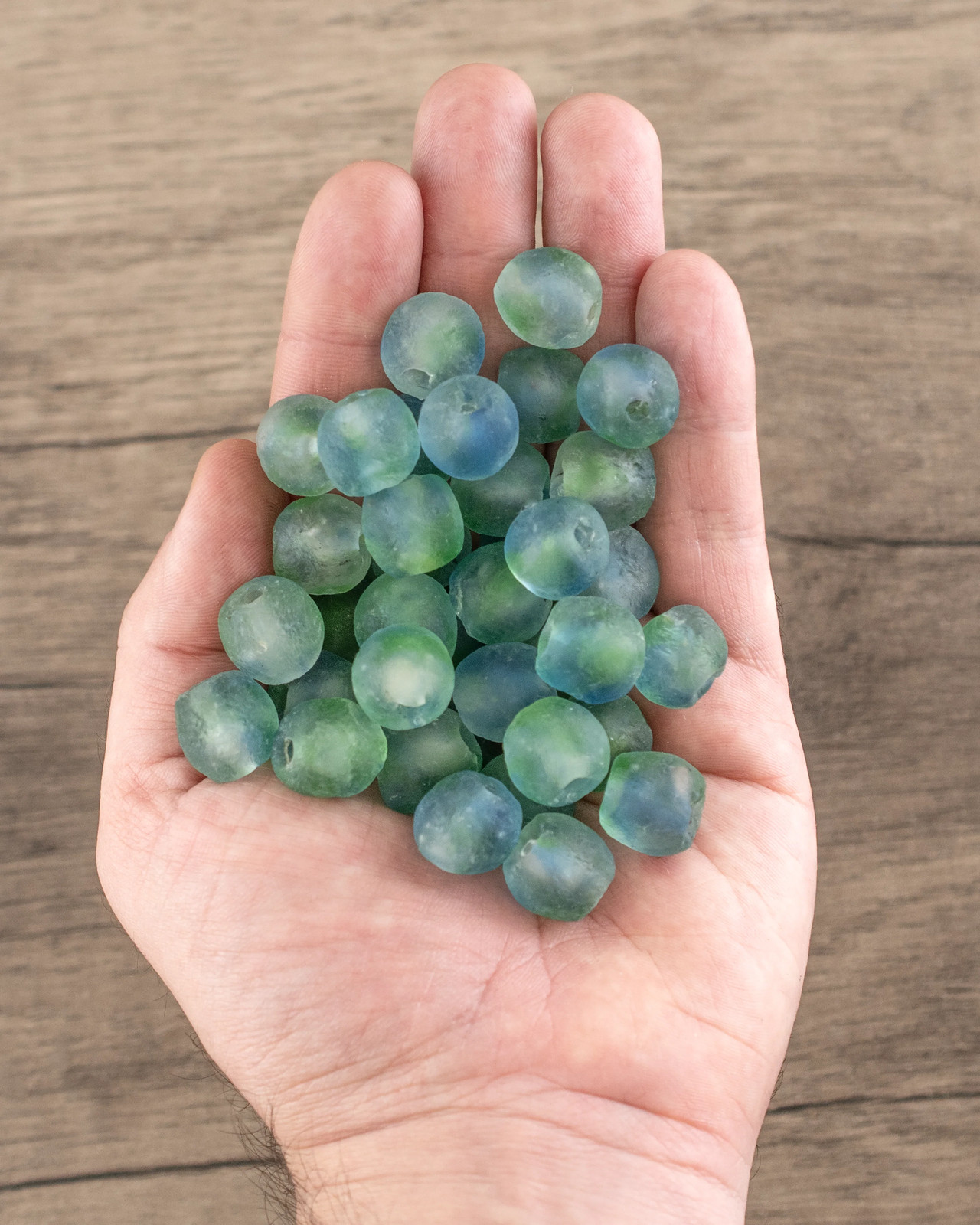 Blue, Green, White Recycled Glass Beads 14mm Ghana African Sea Glass Multicolor