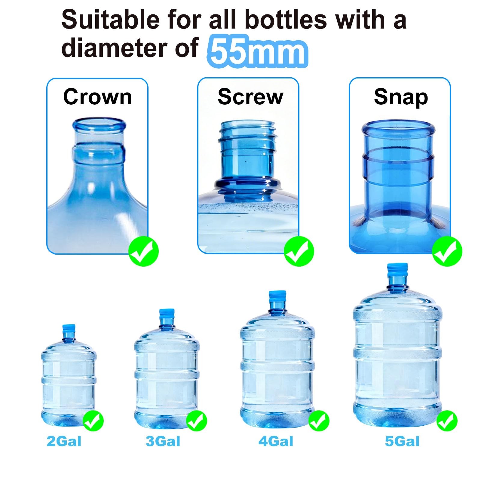 3 Pack 3 and 5 Gallon Water Jug Cap, Upgrade Silicone Reusable 55mm, Blue