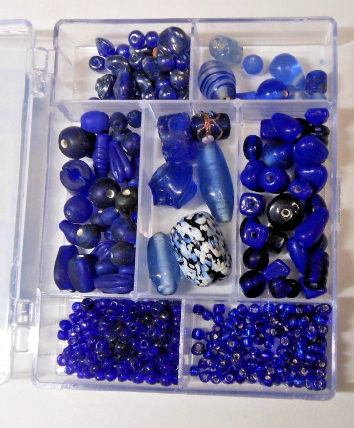 Vintage Amber/Blue Glass Beads 6.7 oz in Tray, Preowned