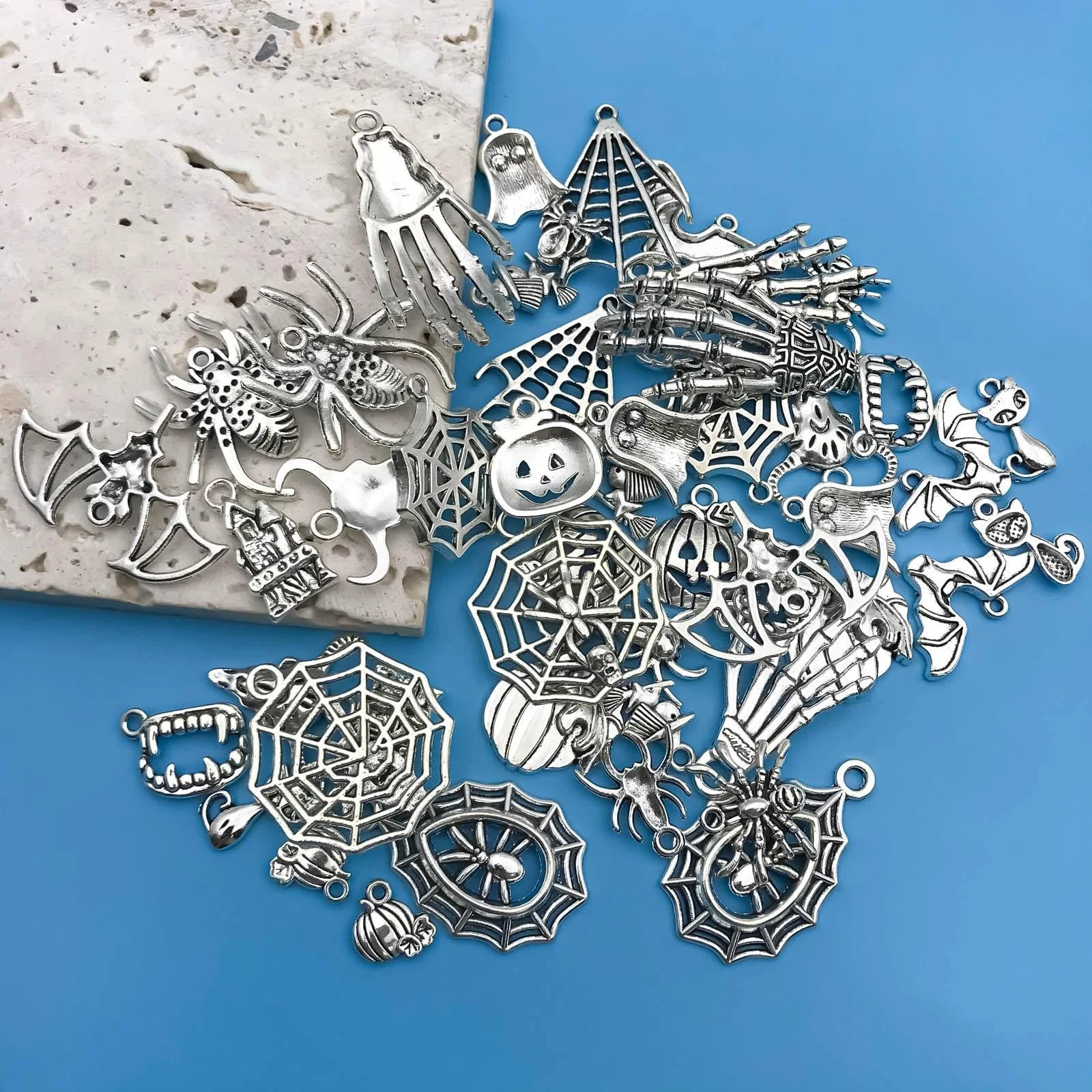Halloween Charms 50pcs Silver Zinc Alloy Diy Jewelry Making Kit Pendants Bulk Se