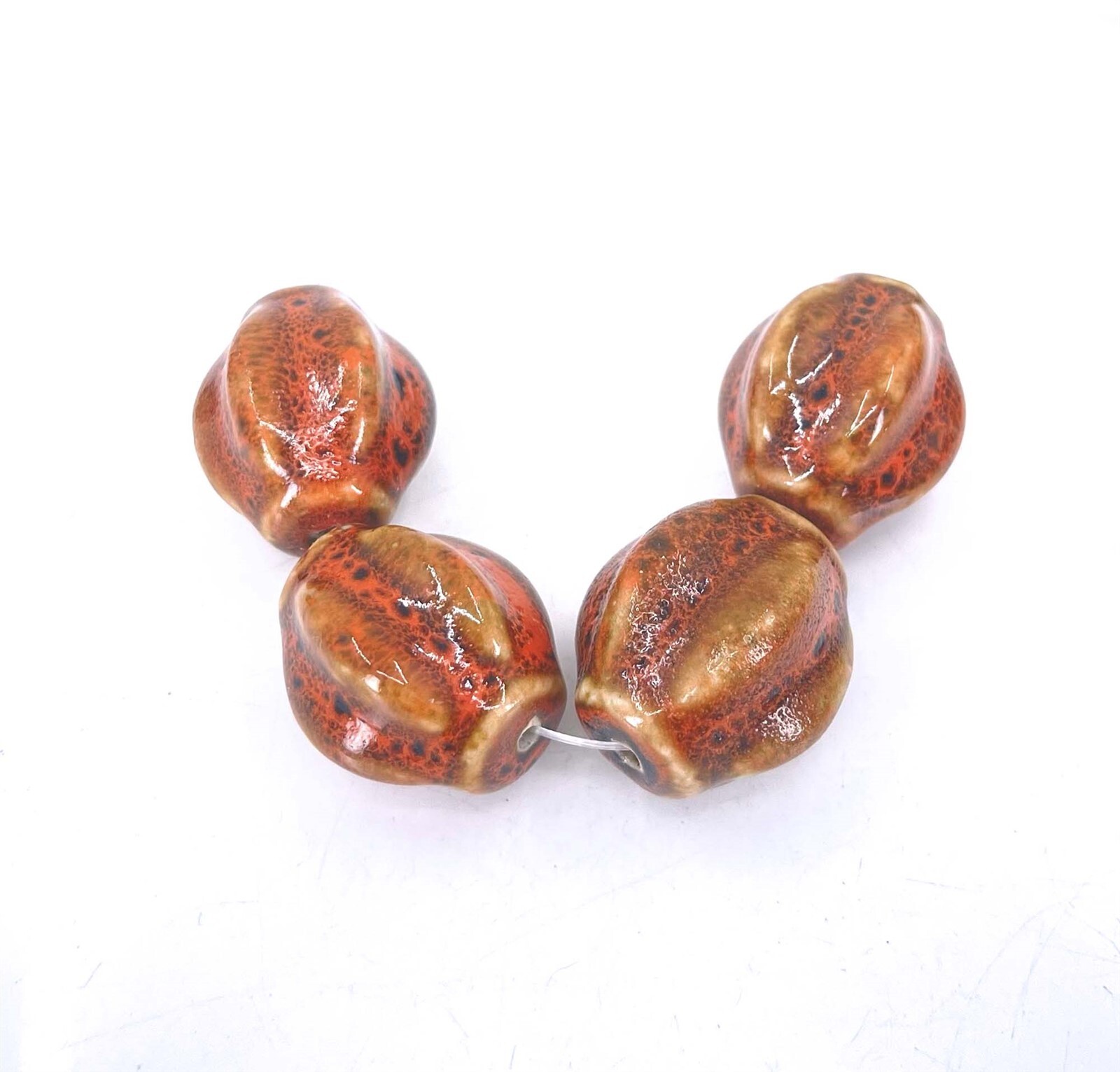 4 large Fancy Antique Glazed Clay Porcelain Ceramic Orange Pumpkin Melon Beads