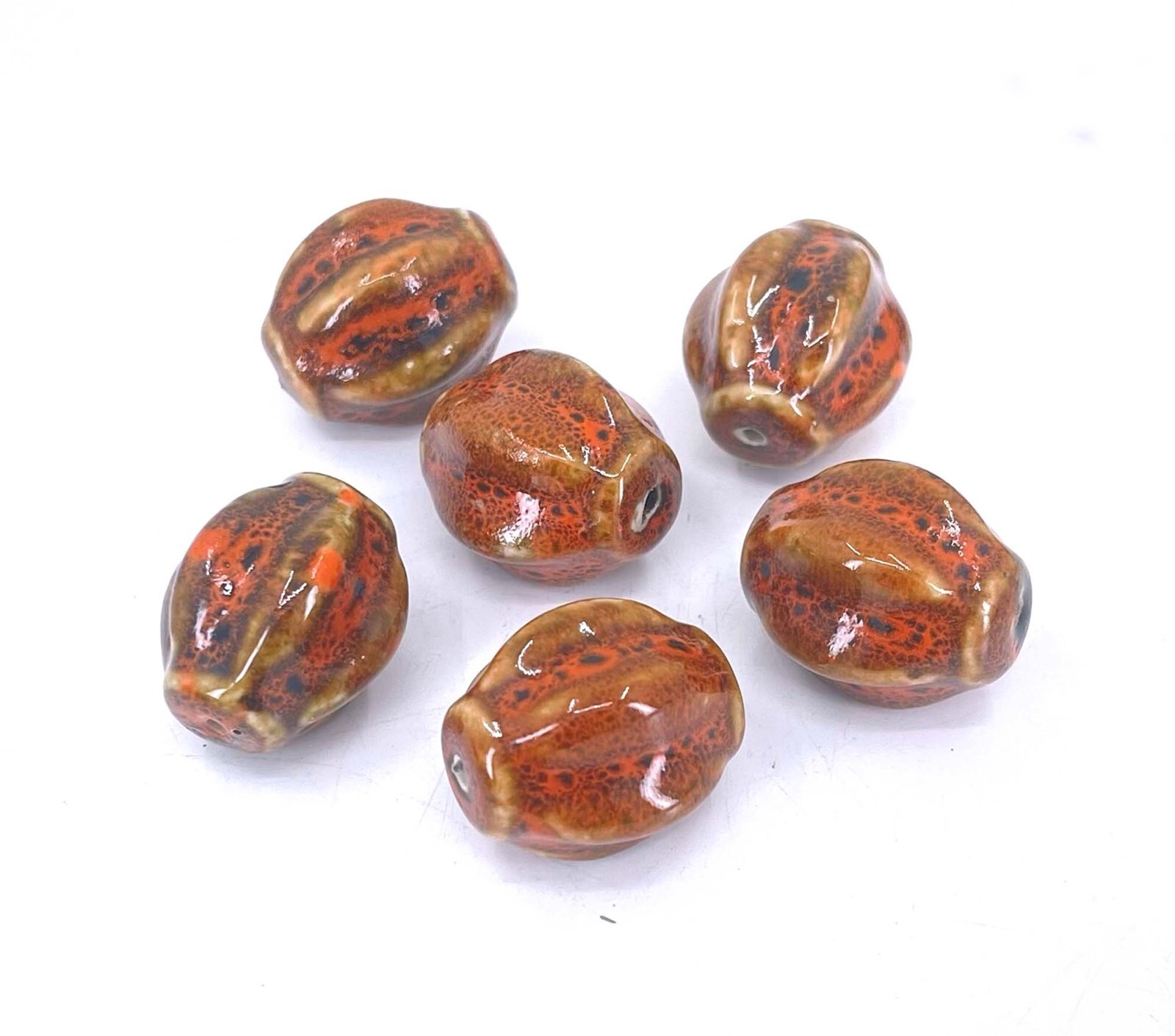 4 large Fancy Antique Glazed Clay Porcelain Ceramic Orange Pumpkin Melon Beads