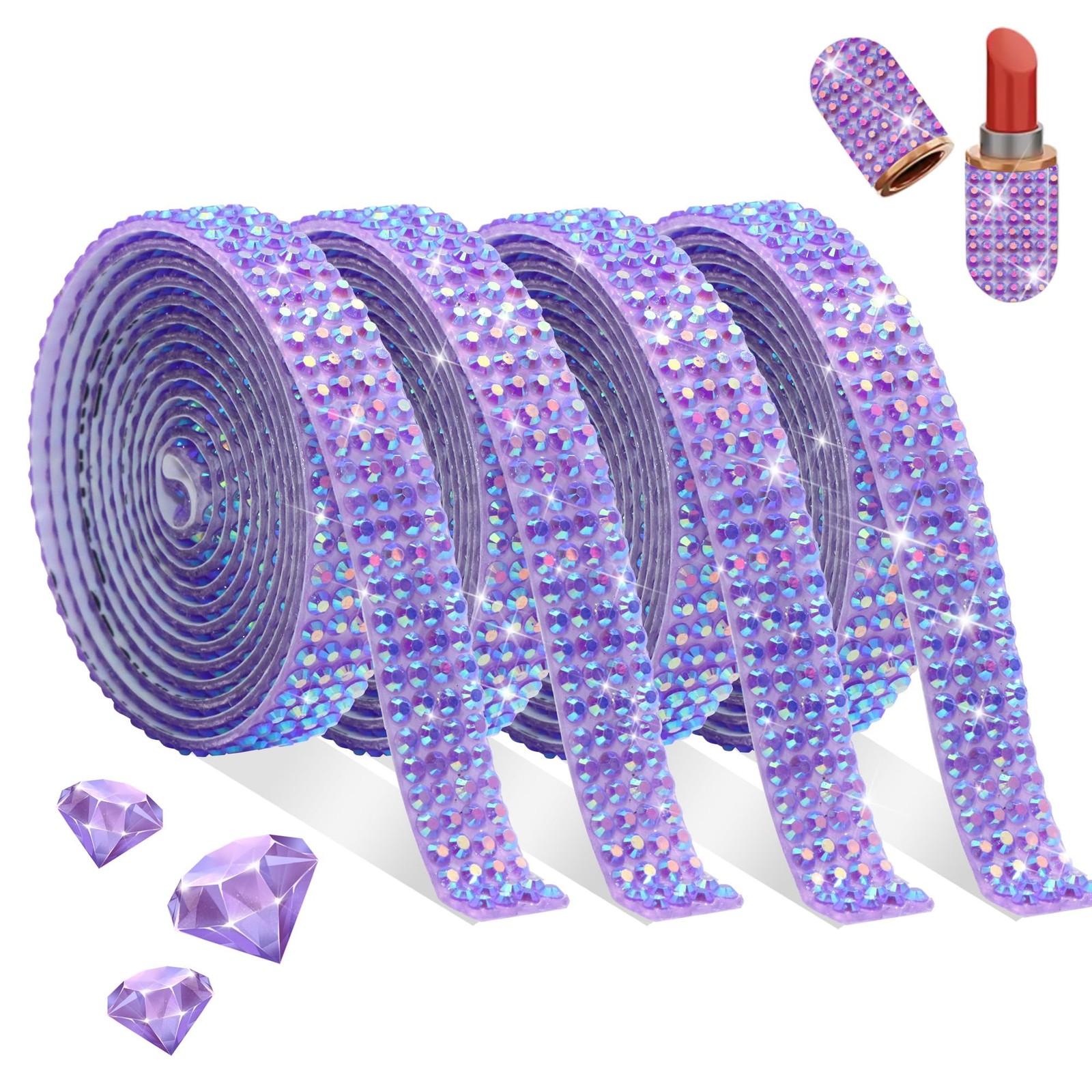 4 Rolls Crystal Rhinestone Ribbon Purple AB Diamond Tape Sticker