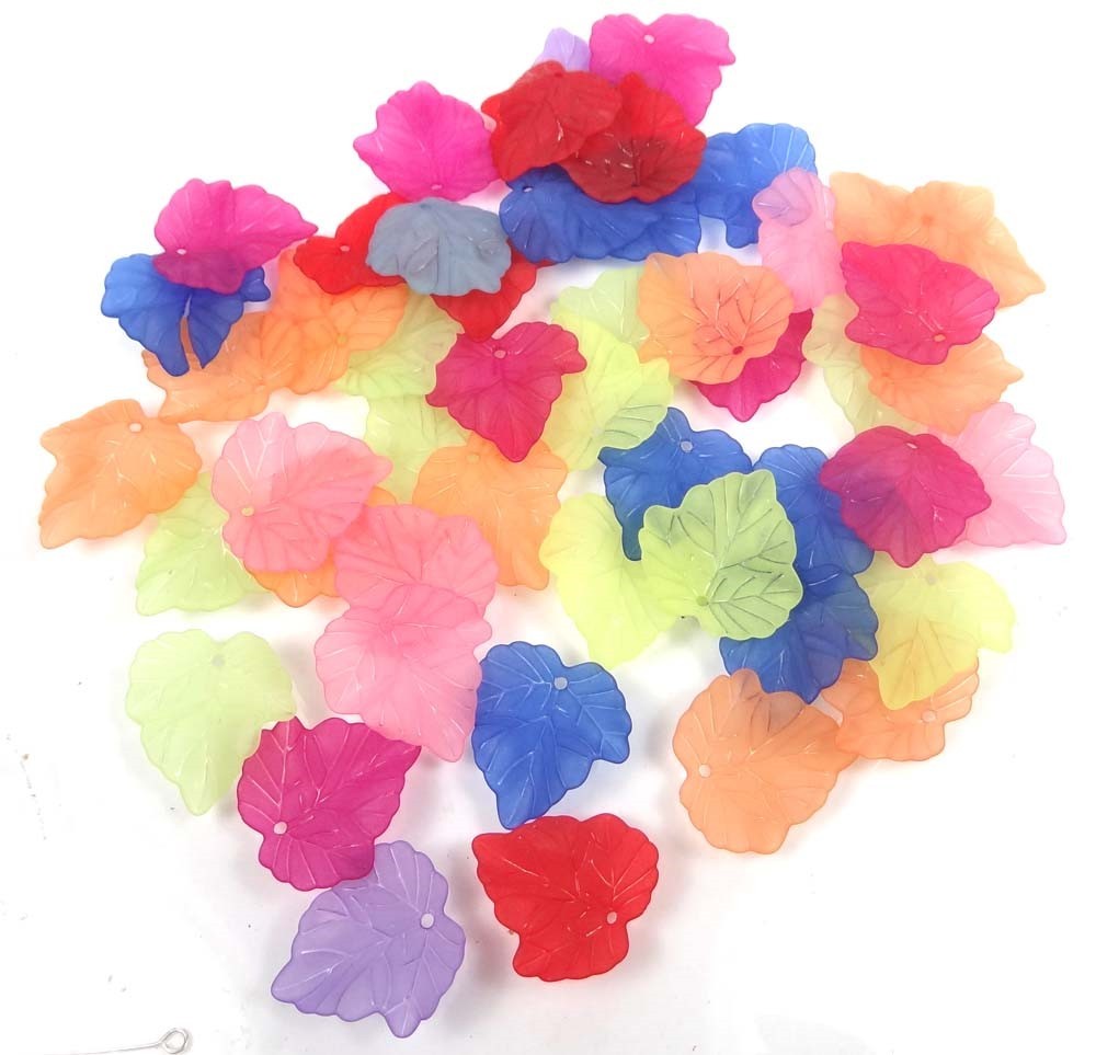 50 Mixed Colorful Translucent Acrylic Frosted Maple Leaf Pendant Charm 24mm