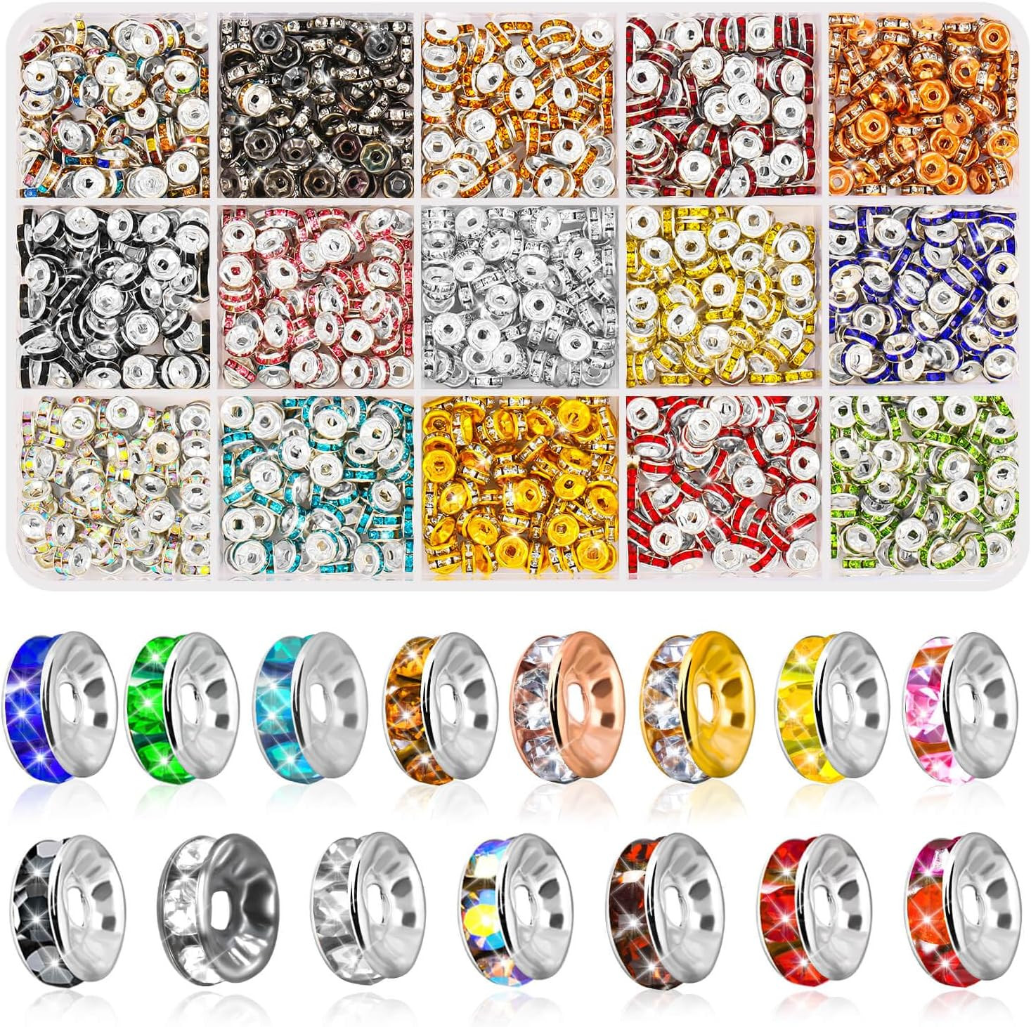 1200 Pieces Rondelle Spacer Beads for Jewelry Making, 6Mm Rhinestone Spacer Bead