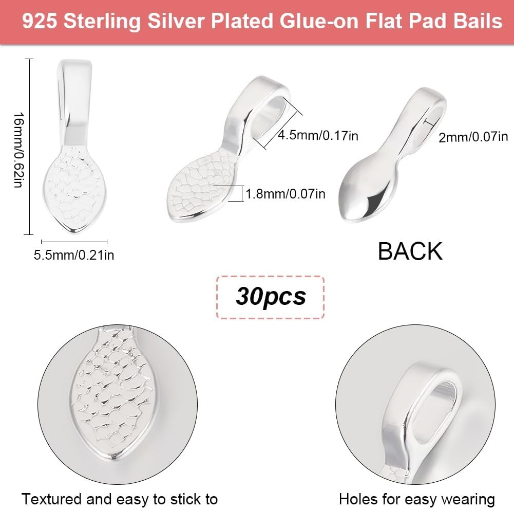 1 Box 30Pcs Glue on Bails Oval Pendant Bails Charms 925 Sterling Silver Plate…