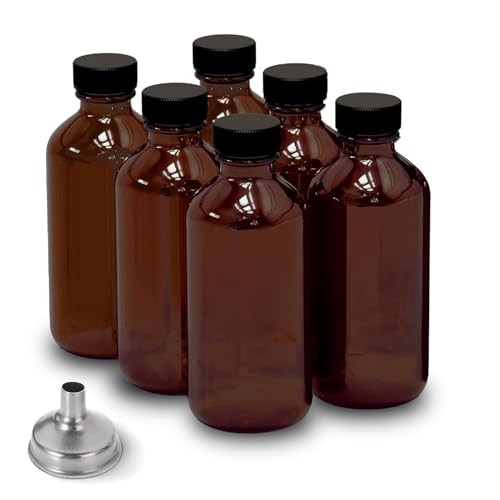 6 Pack 2oz Amber Glass Bottles for Vanilla Extract, Boston Round Leak-Proof