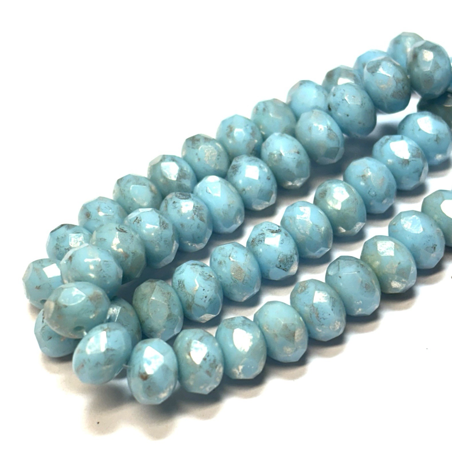 25 8x6mm Baby Blue with Silver Czech Fire polished Rondelle beads