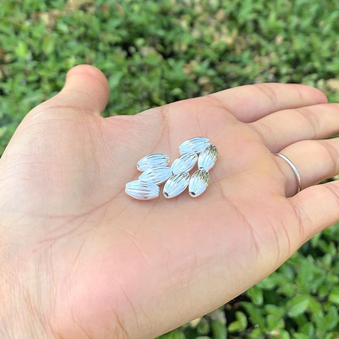 100pcs Beautiful Corrugated Oval Melon Loose Beads 10mm X 6mm Rice Spacer Silver