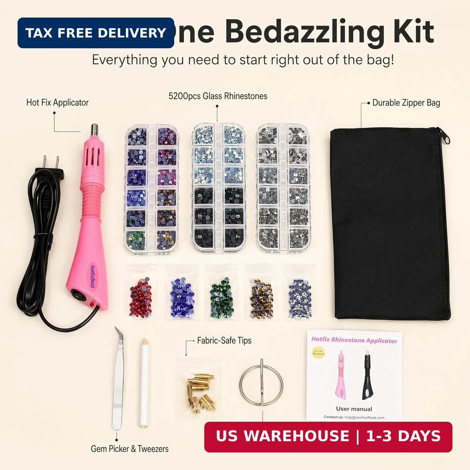 Worthofbest Hot Fix Rhinestone Applicator Tool Kit, 5200Pcs 3/4/5mm Glass Hotfix