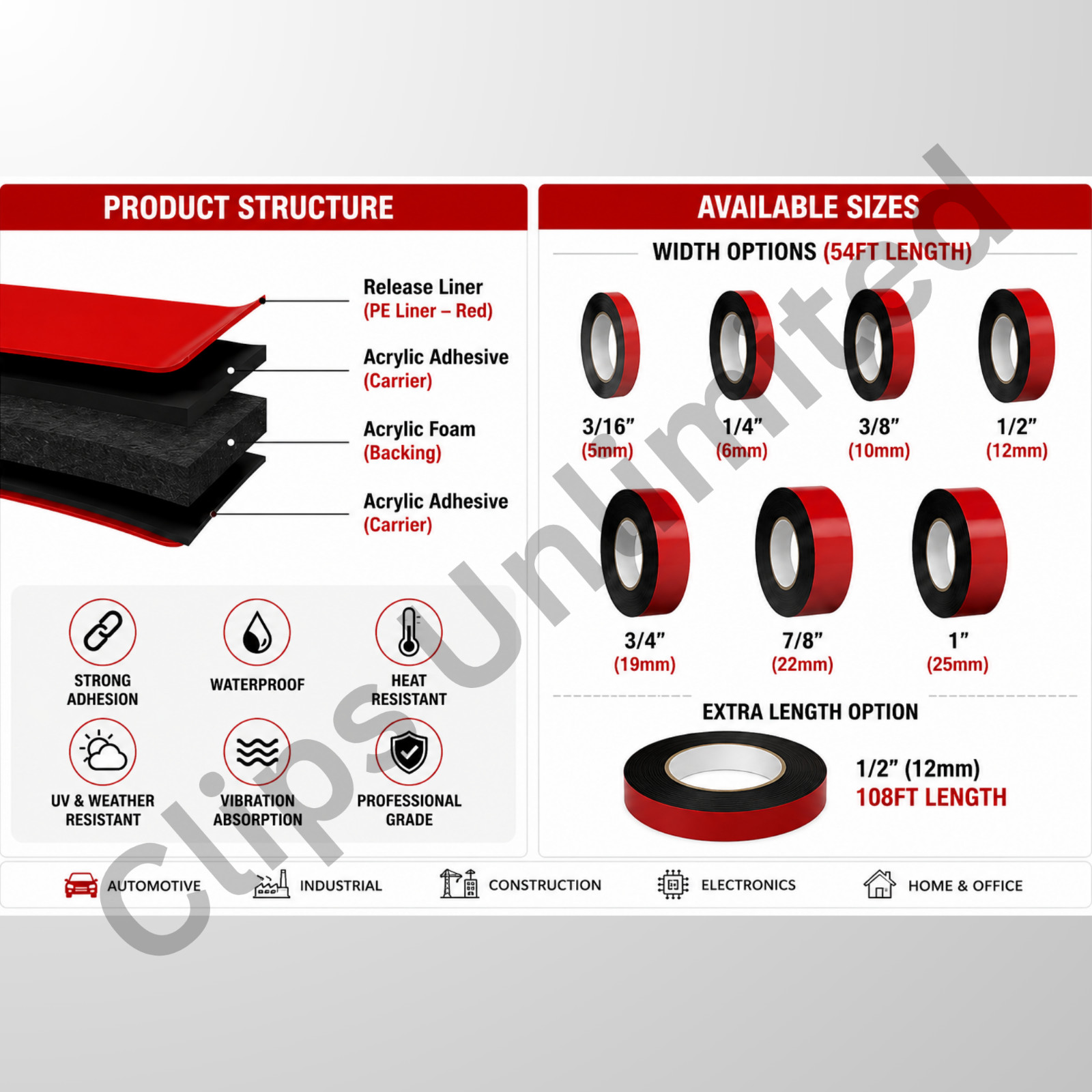 Double Sided Foam Tape 3/16 inch Width 54 feet Automotive Acrylic Adhesive Car