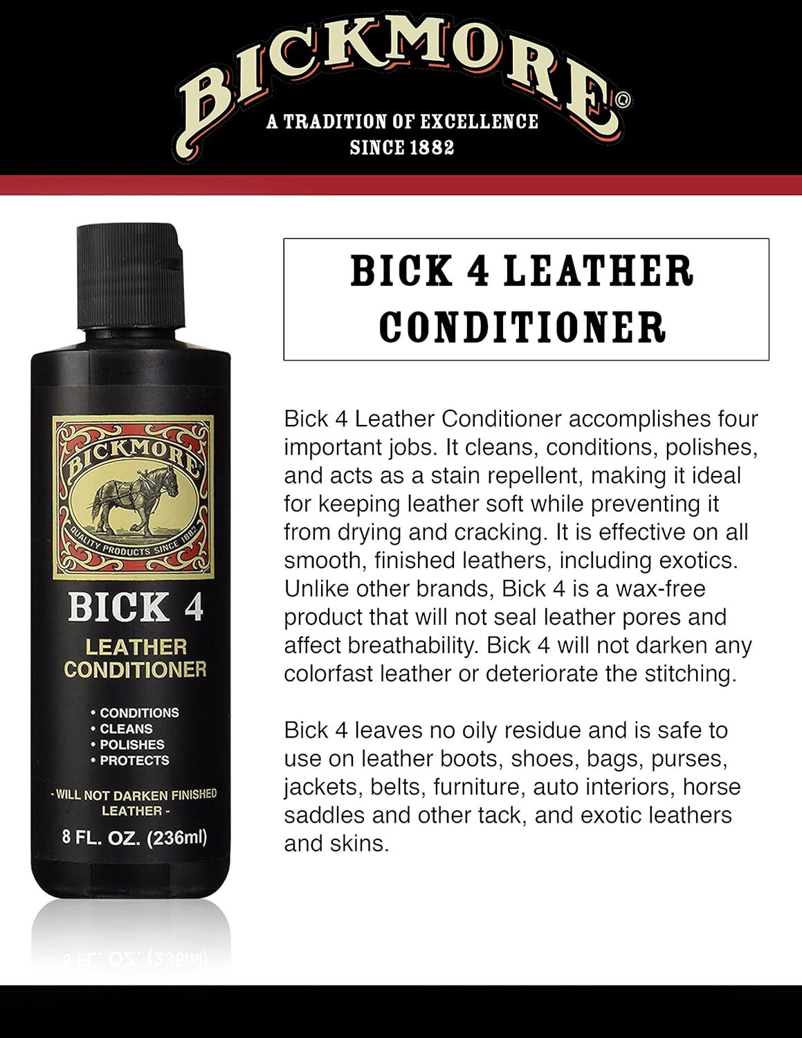 Bick 4 Leather Conditioner and Leather Cleaner 8 Oz – Will Not Darken Leather