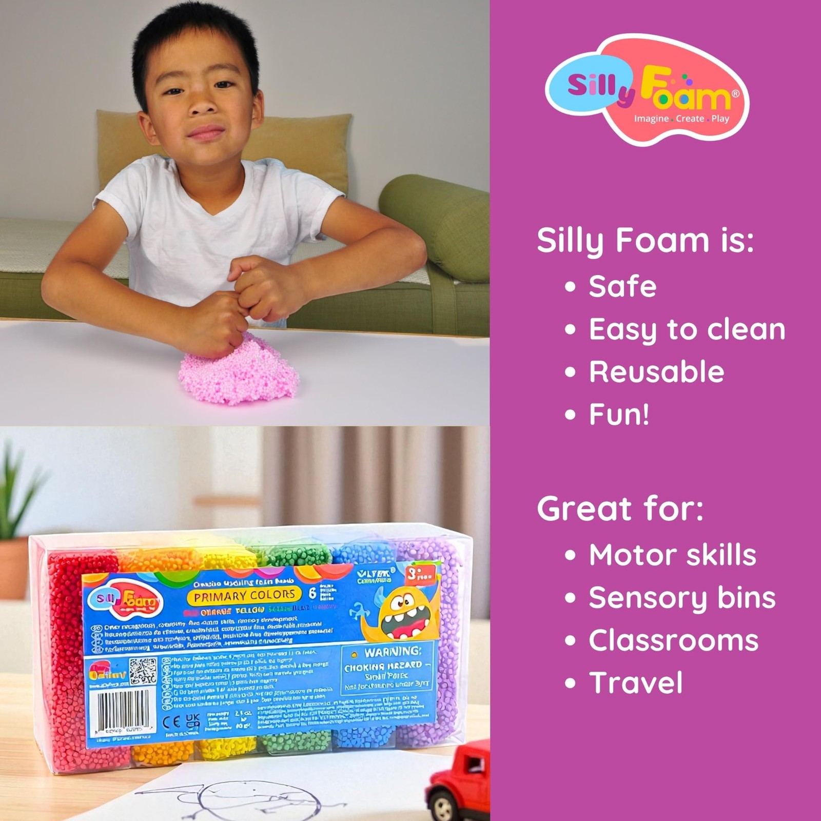 Silly Foam, Creative Modeling Foam Beads, 1-Pack of 6 Primary Colors, Easy Cl…