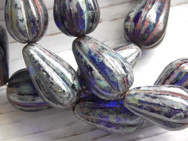 8 – 13x8mm CZECH COBALT BLUE PICASSO, BRICK RED WASH MELON DROP TEARDROP BEAD