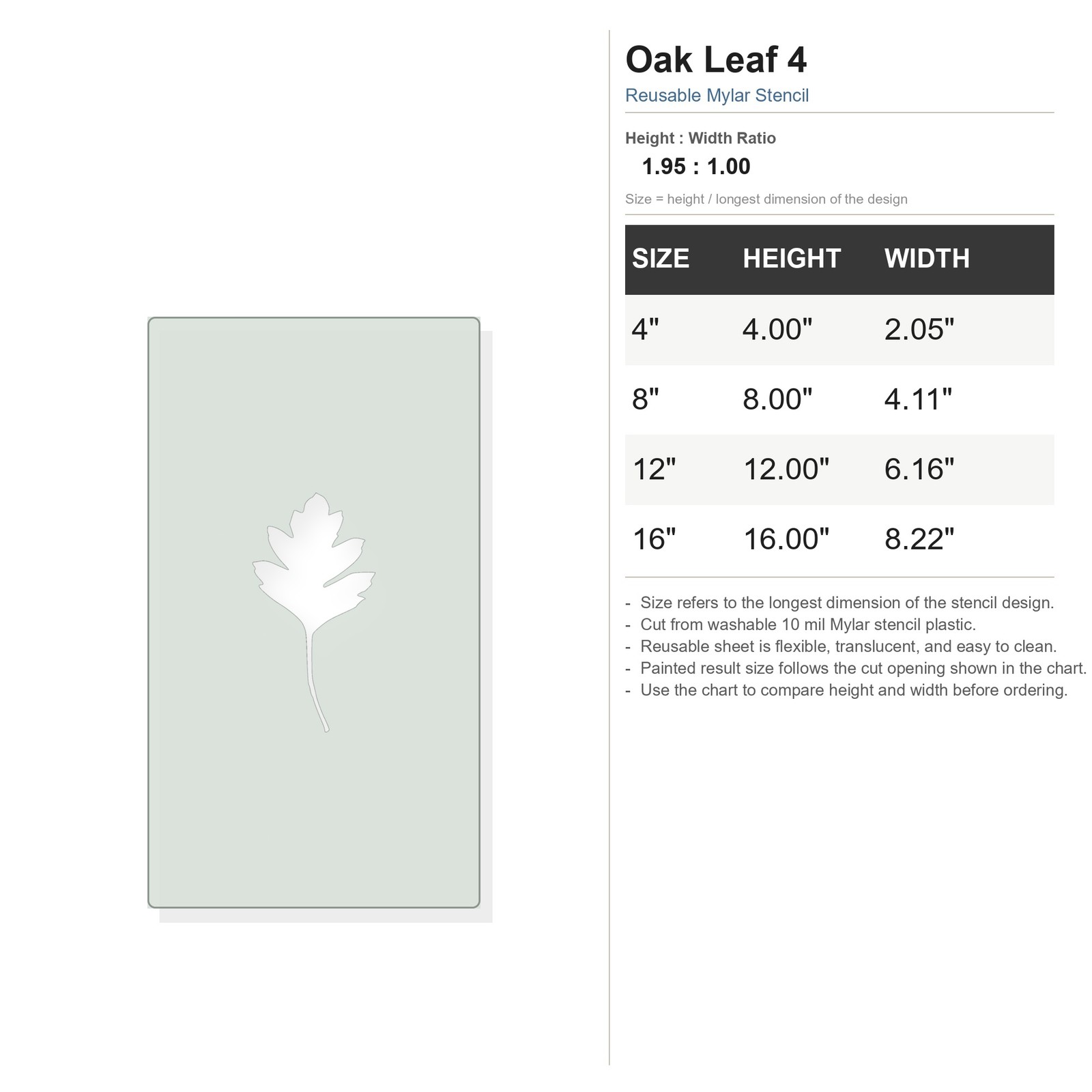 Oak Leaf 4 Reusable Mylar Stencil, 10 mil Plastic Paint Stencil for Crafts and D