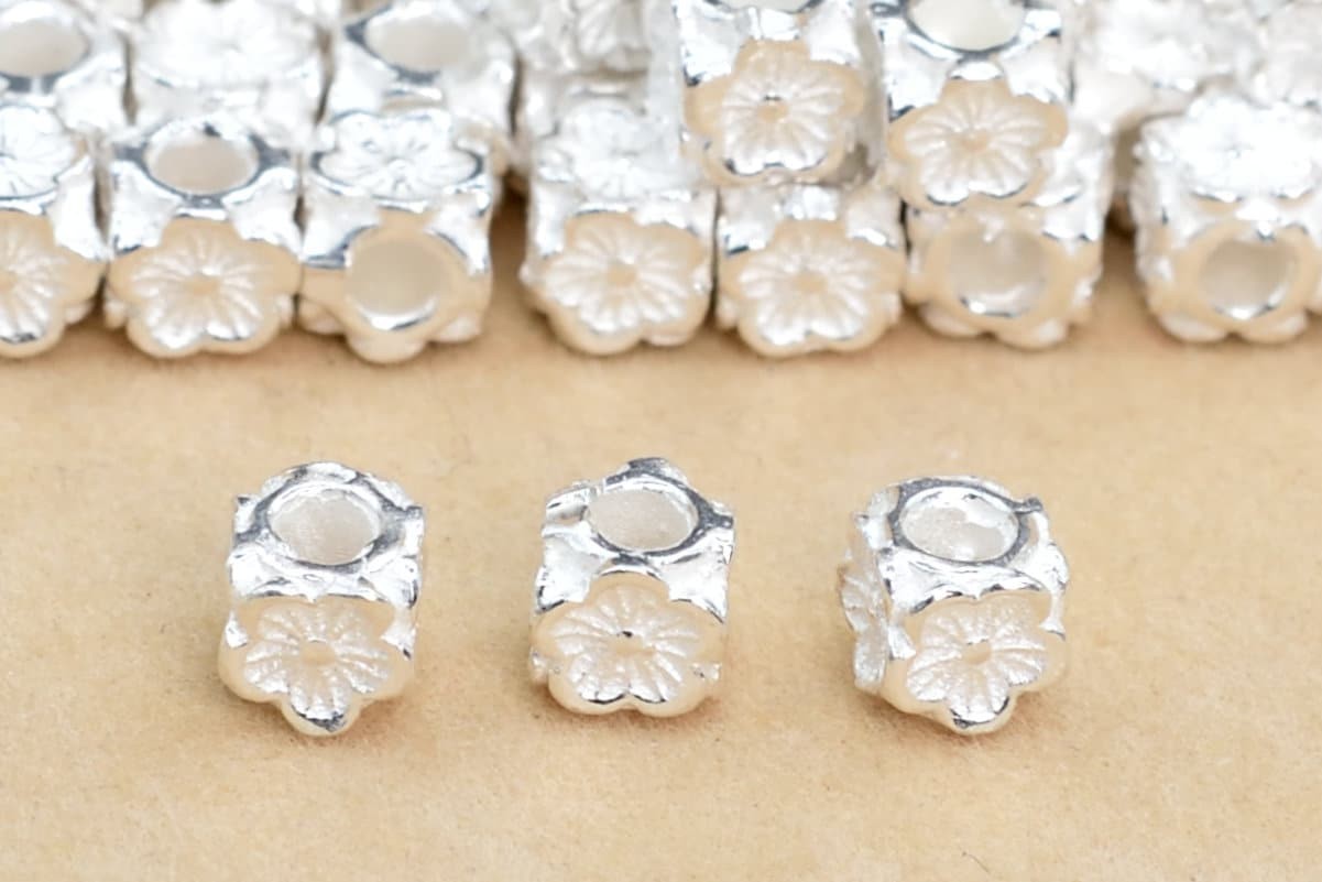 5 Pcs Sterling Silver Spacer Beads Floral Tube Solid Silver 4x4MM