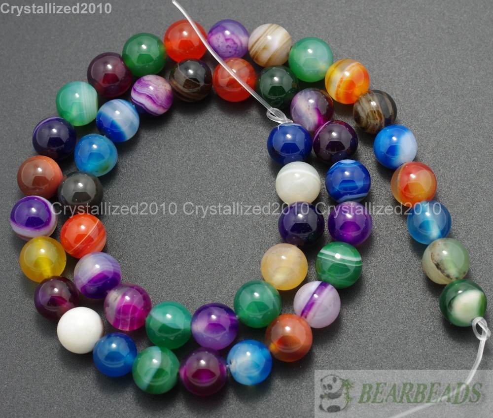 Natural Mixed Agate Stripe Gemstone Round Loose Beads 6mm 8mm 10mm 12mm 15.5″