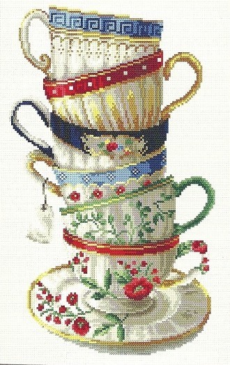 Vintage Elegant Tea Cups Red Blue Flower Color Edge Cross Stitch COLOR Pattern