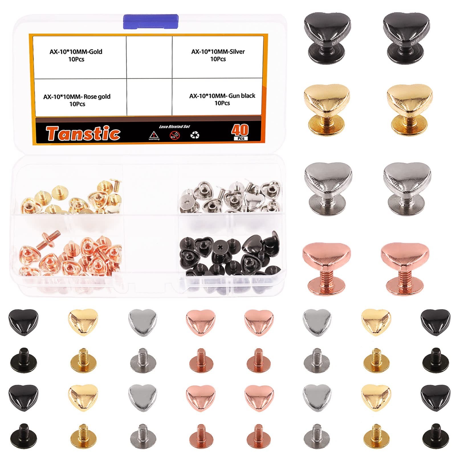 Tanstic 40 Sets 4 Colors 10x10MM Metal Heart Shape Screwback Leather Rivets, …