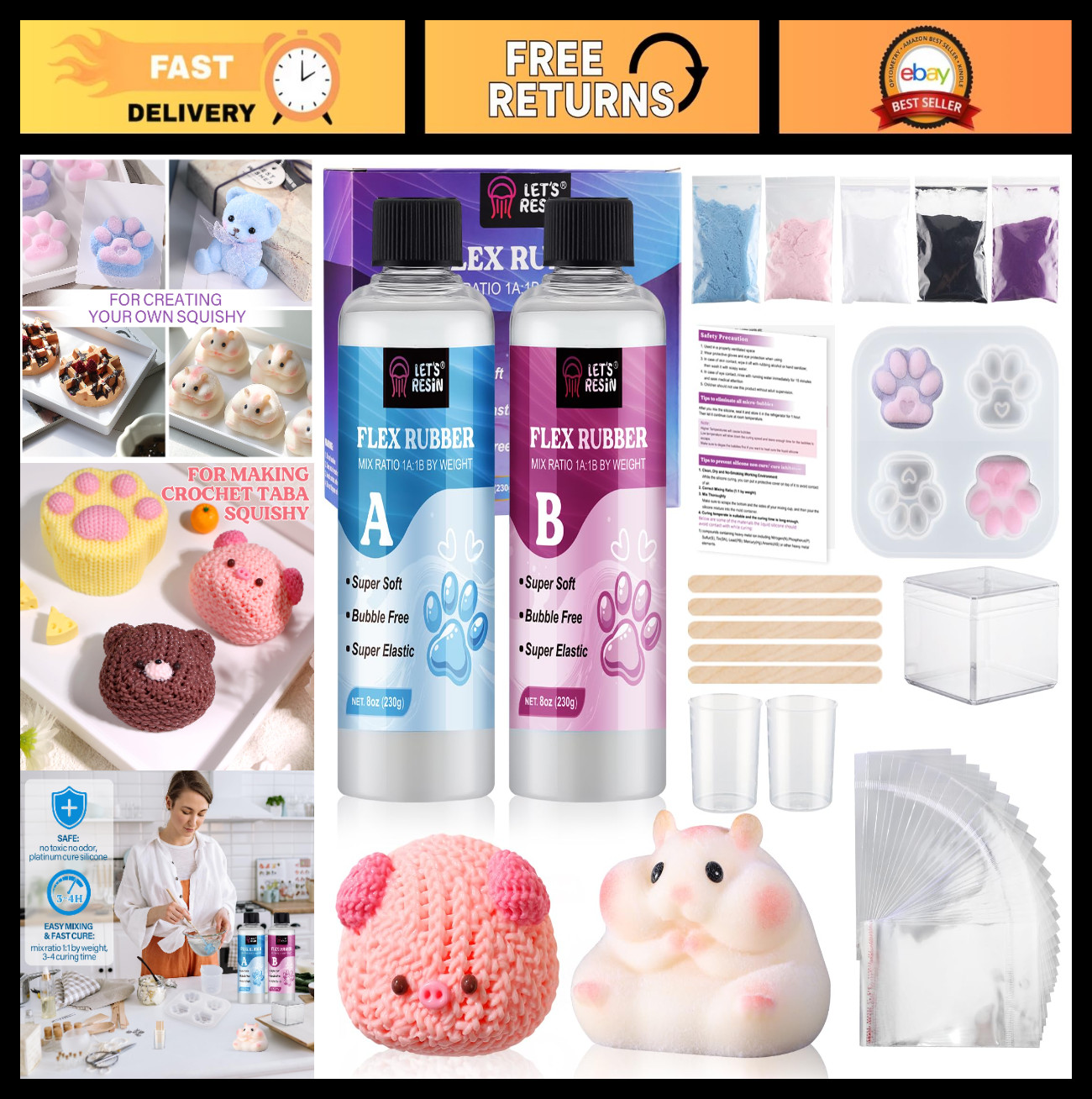 Super Soft Flex Rubber Gel for Squishy Maker, 16oz with Paw Molds & Flocking Pow