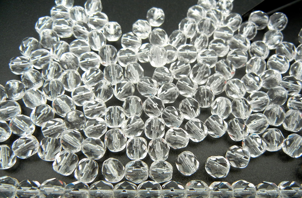 Czech Fire Polished Round Faceted Glass Beads in clear Crystal, 16″ strand