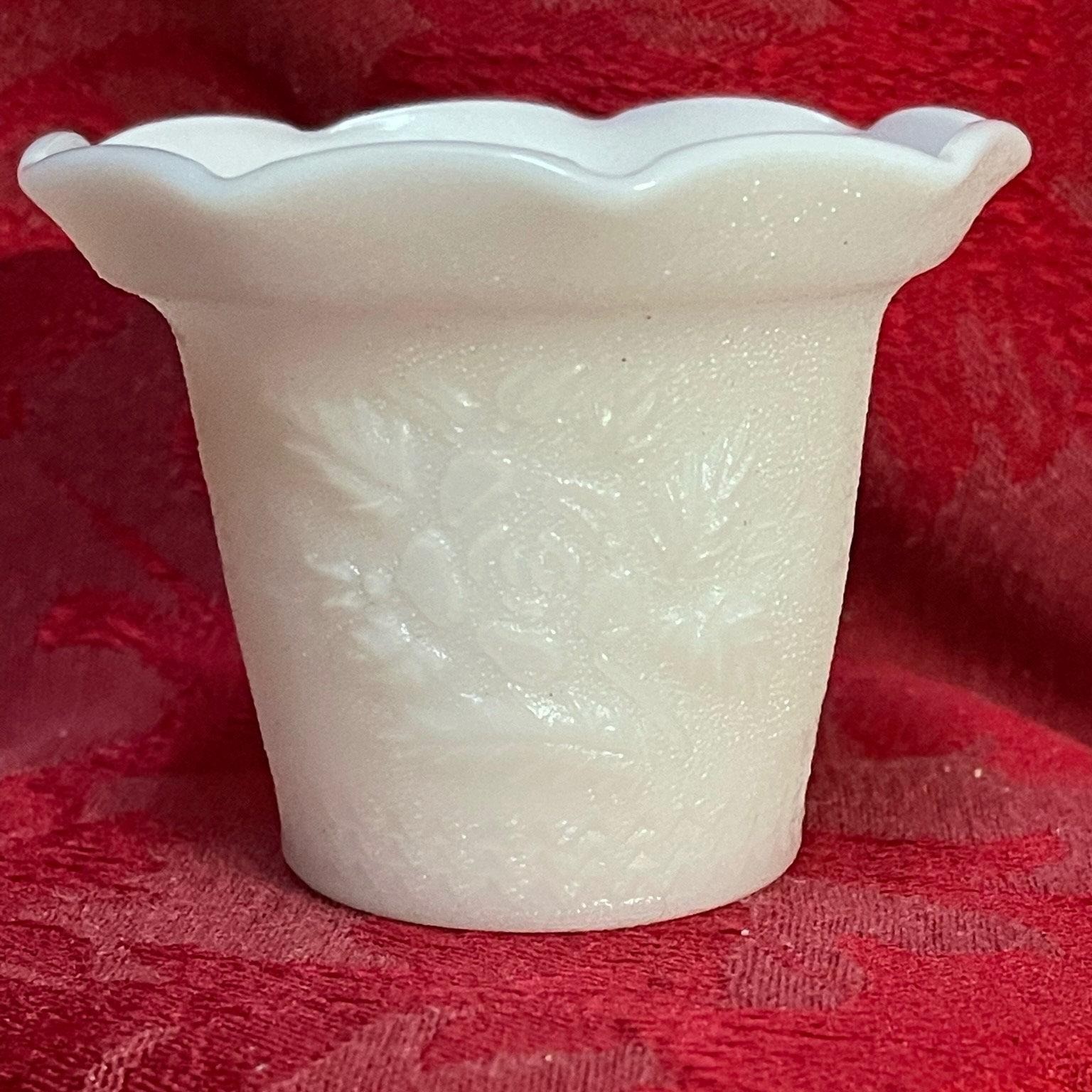 Vintage 60s Milk Glass White Votive Candle Holder Raised Texture Floral Pattern