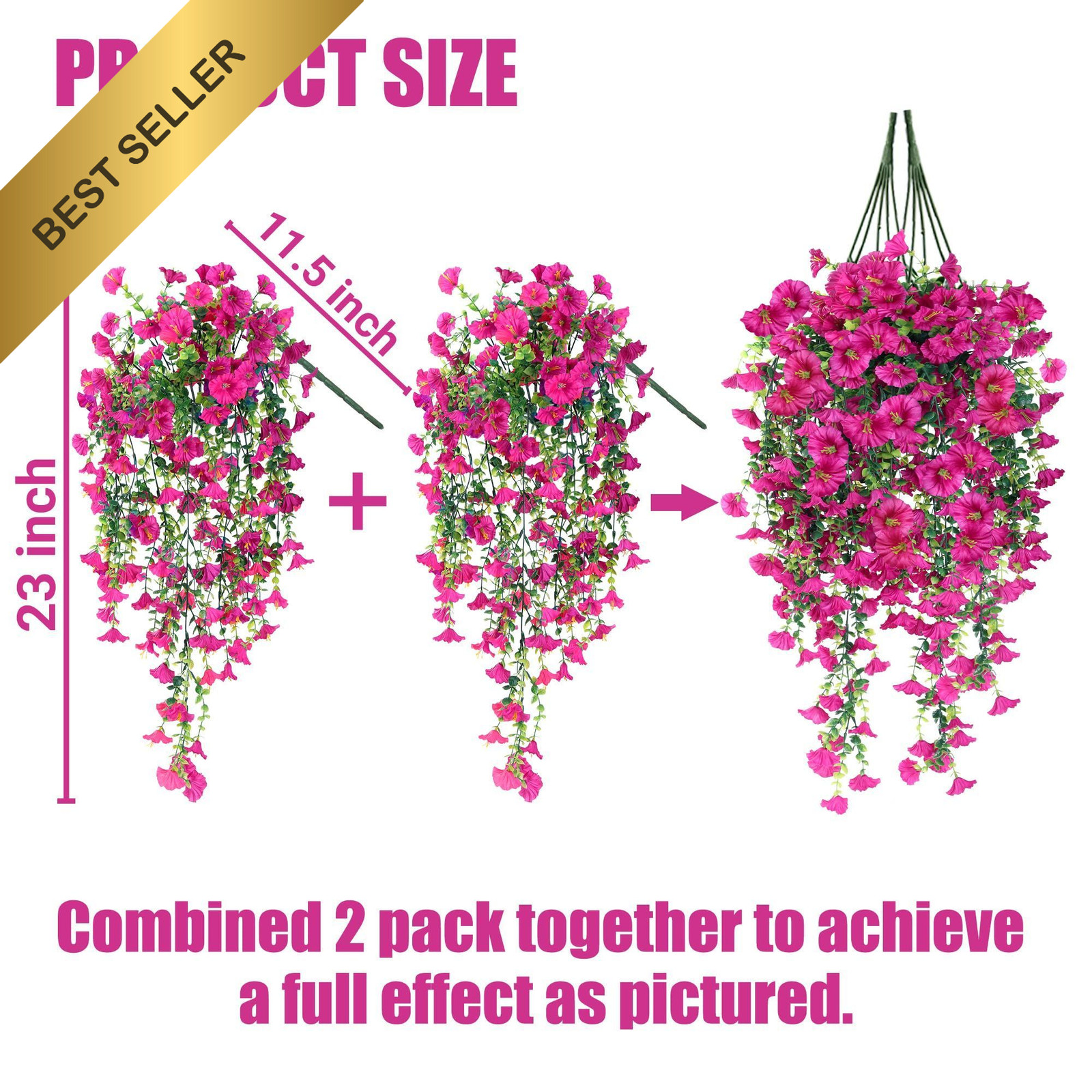 Sggvecsy Artificial Hanging Flowers Plants Outdoor UV Resistant 2 Pack Magenta