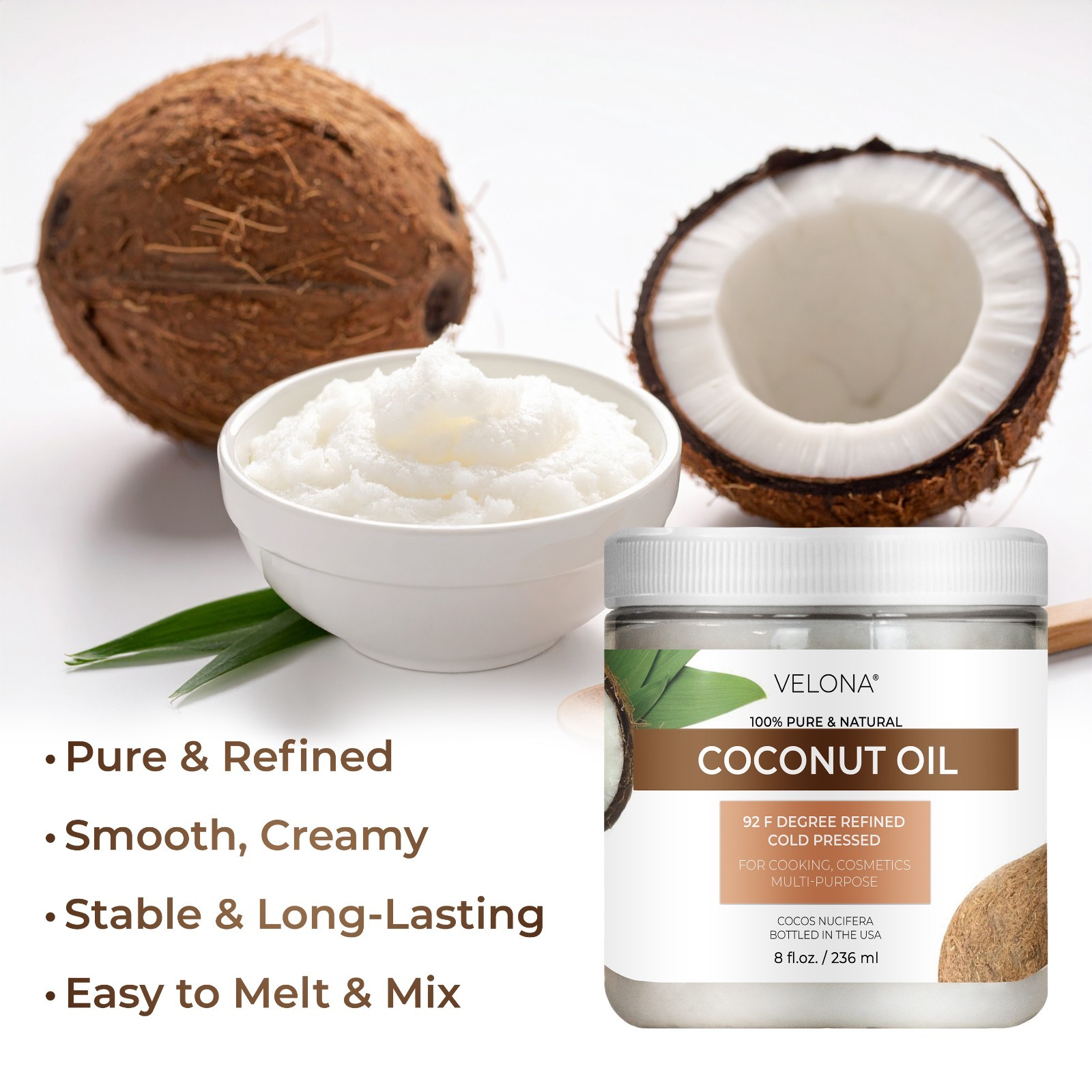Coconut Oil 92 Degree by Velona – 2oz-7lb in jar Refined Cold pressed Skin Body