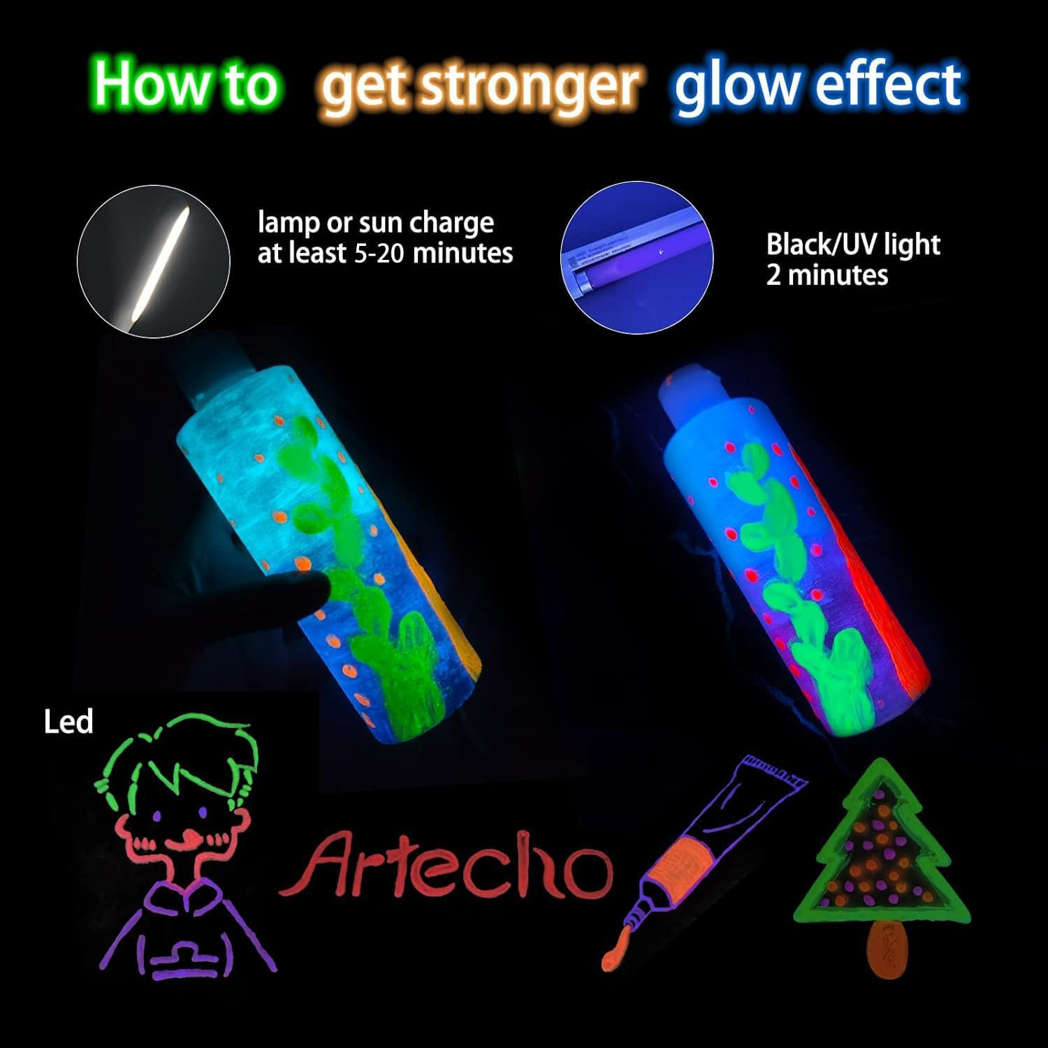 Artecho Glow in the Dark Acrylic Paint Set – 8 Colors X 20Ml (0.7Oz), Non-Toxic
