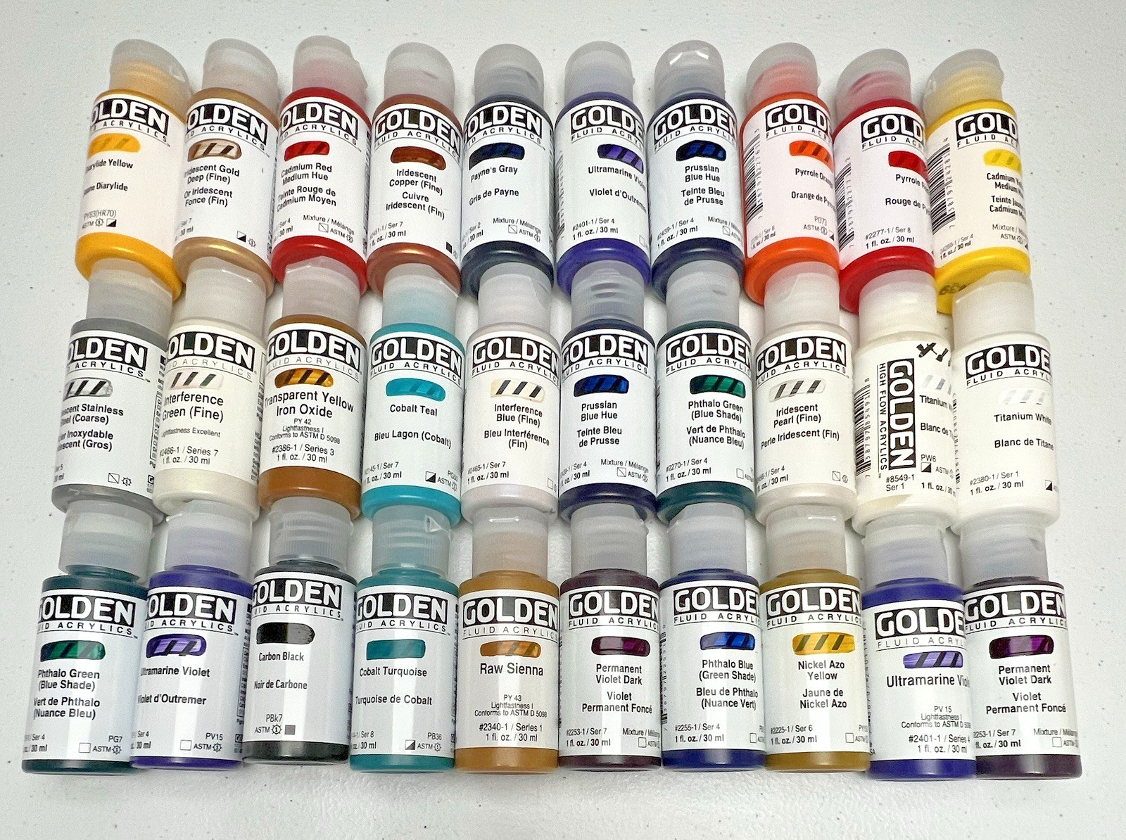 Lot of 30 Golden Fluid Acrylics 1 fl oz. / 30 ml High Series Paint Bottles – NEW