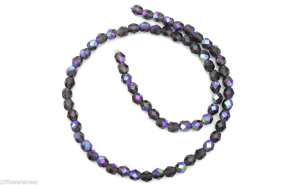 Czech Fire Polished Round Faceted Beads in Tanzanite AB coated, 16” deep purple