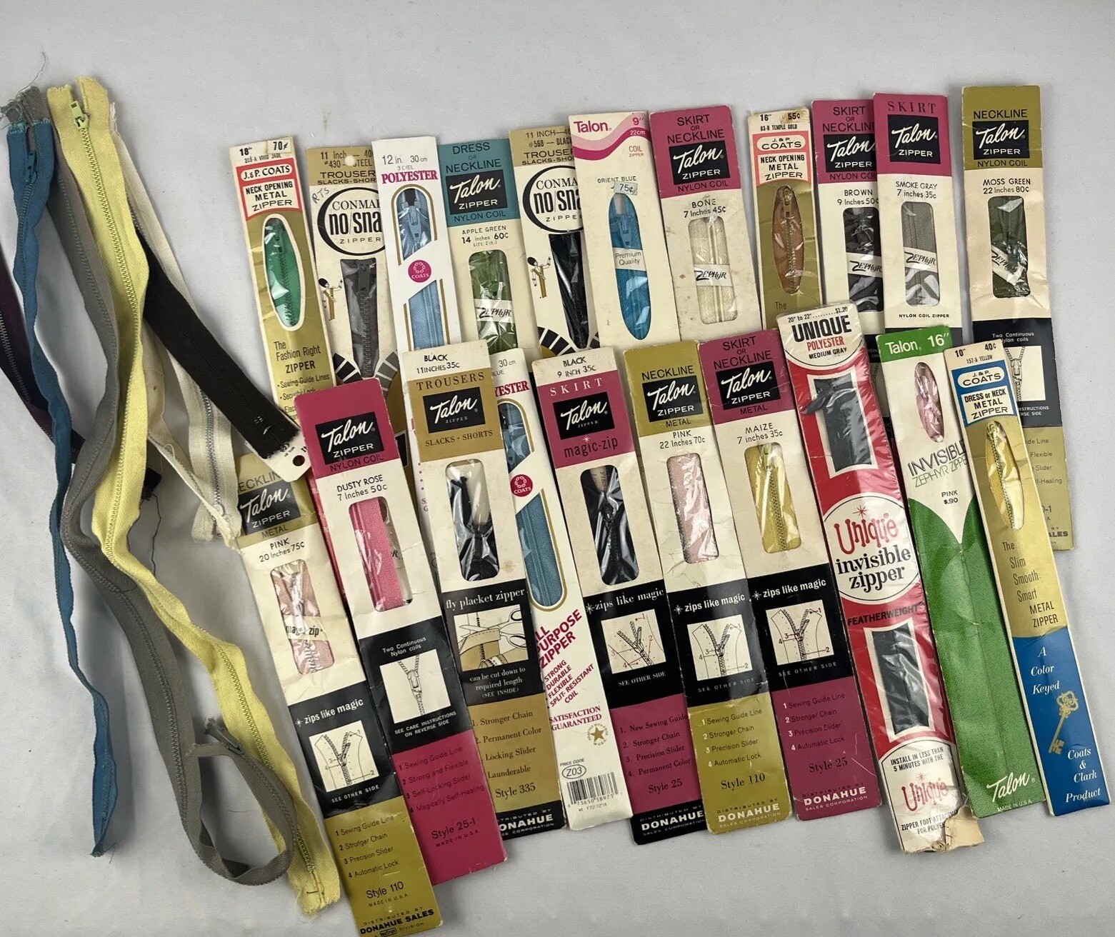 Talon Metal Zippers Lot of 28 Vintage Assorted Sizes & Colors Pink Green Blue