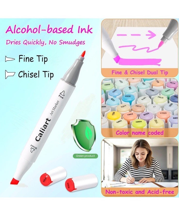 Caliart Markers, 100 Colors Dual Tip Art Markers Sketch Pens Permanent Alcohol B