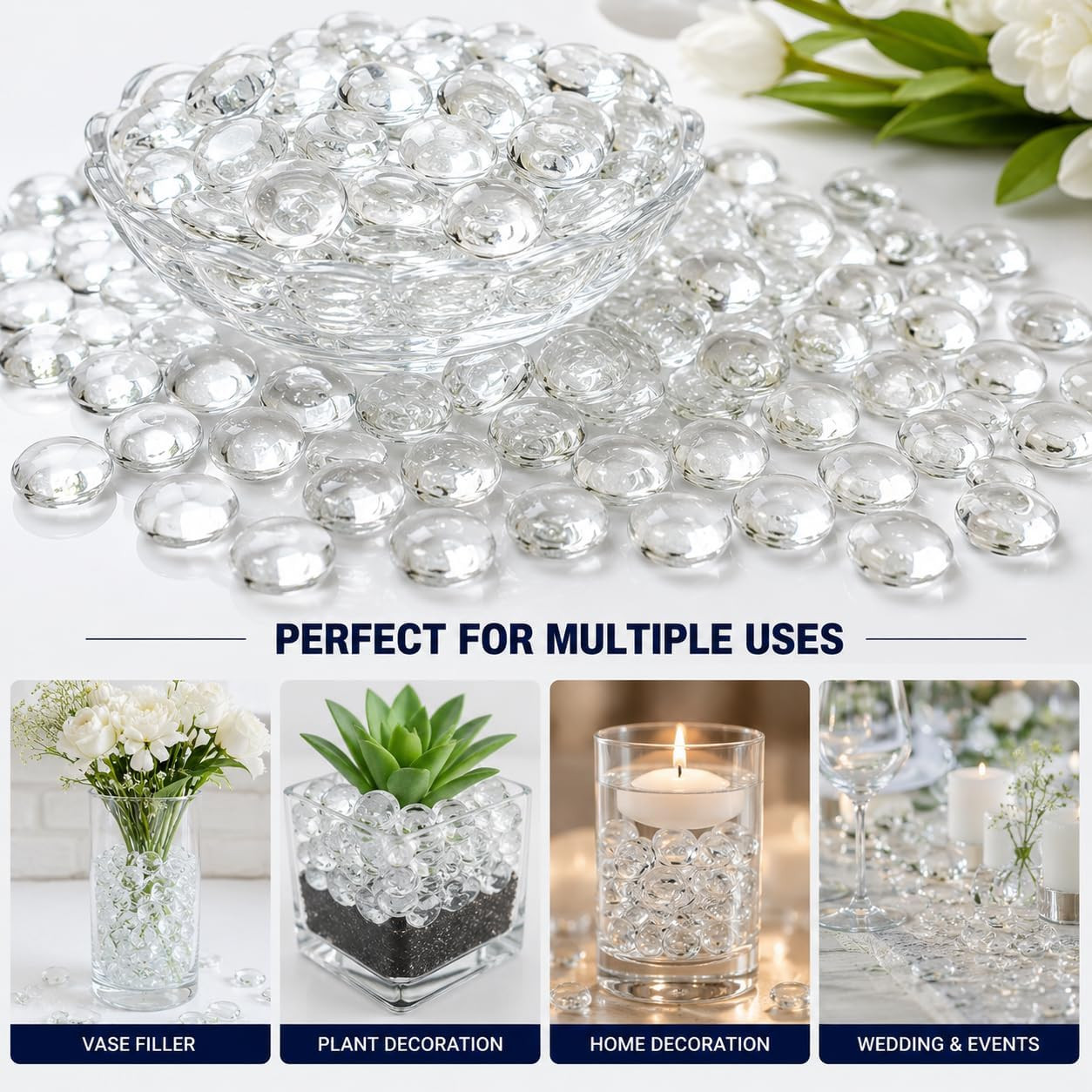 Flat Glass Marbles, Clear Beads Glass Pebbles Vase Fillers, 1 LB Glass Beads for